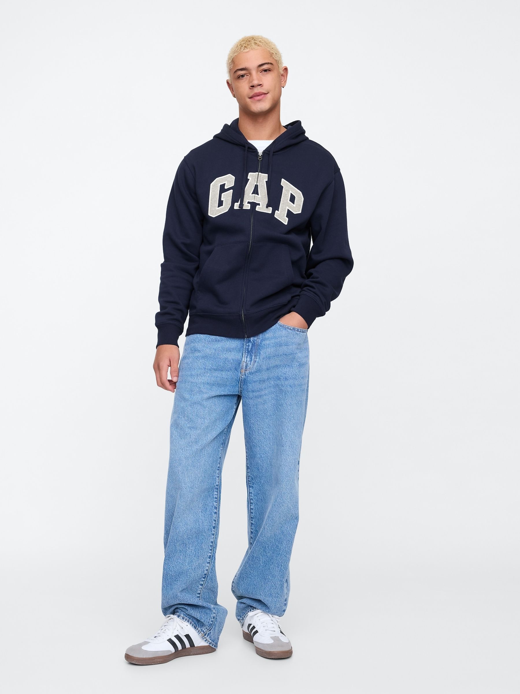 Navy Blue Zip Up Arch Logo Hoodie - Image 3 of 4