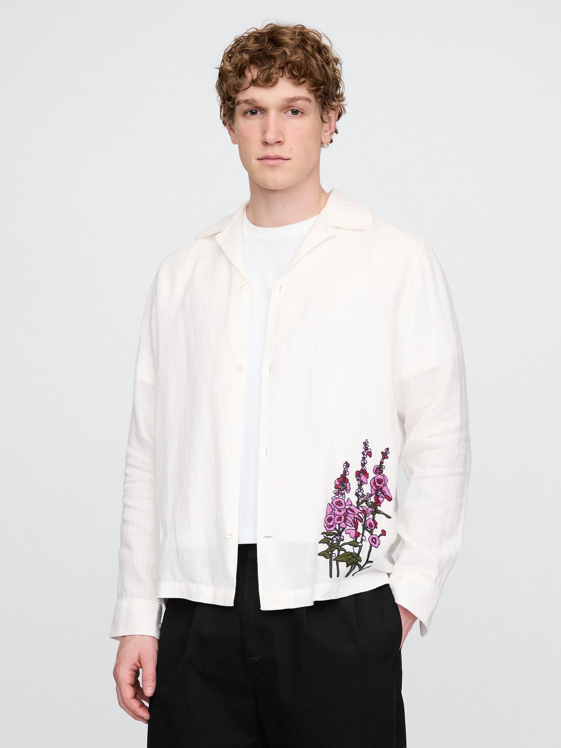 White 100% Linen Long Sleeve Classic Shirt - Image 1 of 5
