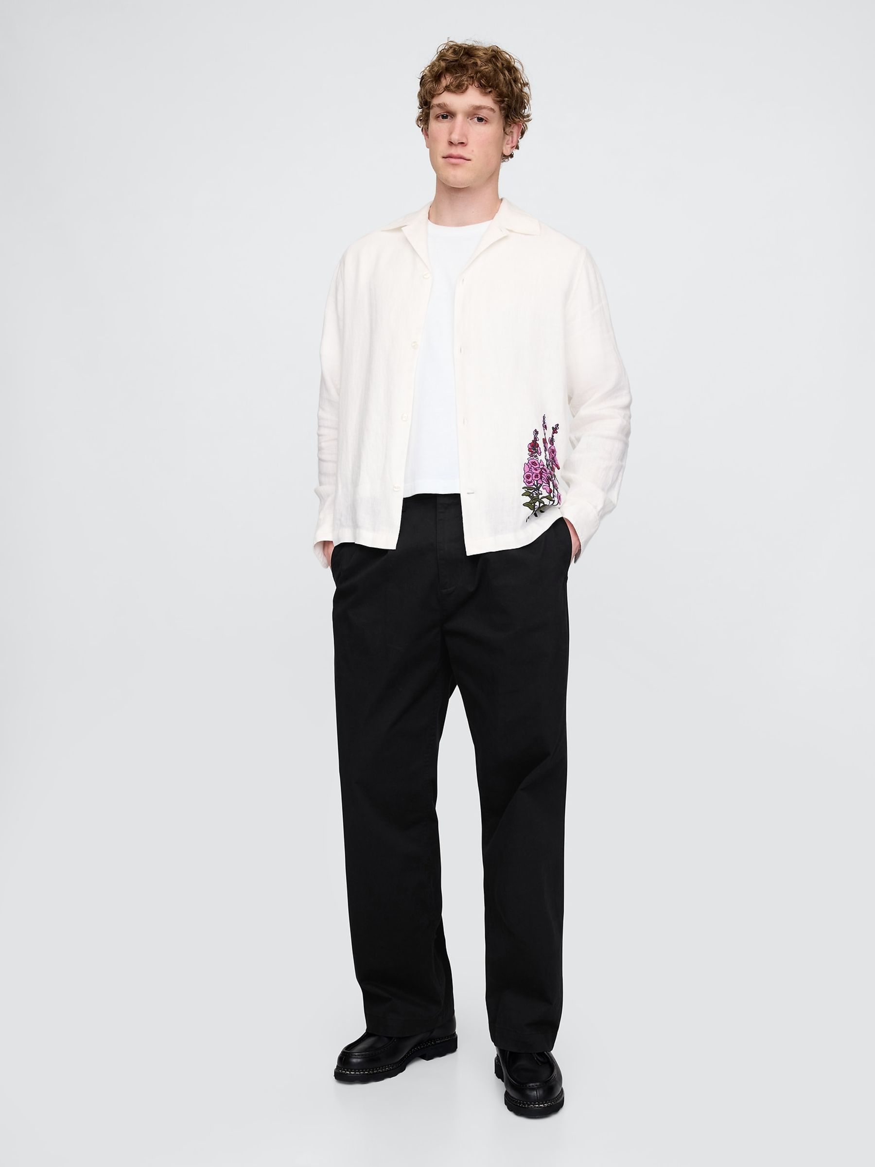 White 100% Linen Long Sleeve Classic Shirt - Image 3 of 5