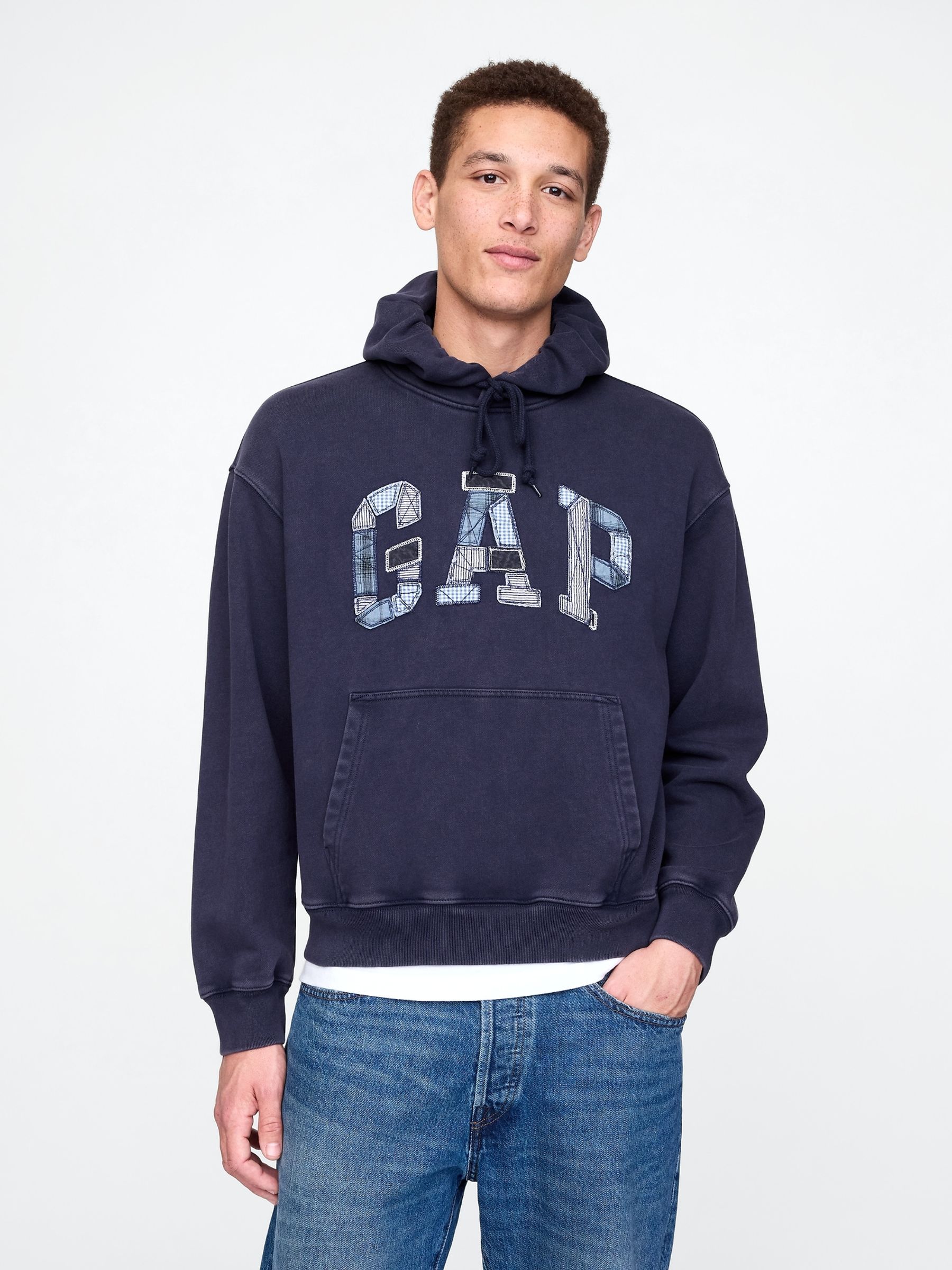 Navy Blue Patchwork Logo Hoodie - Image 1 of 5