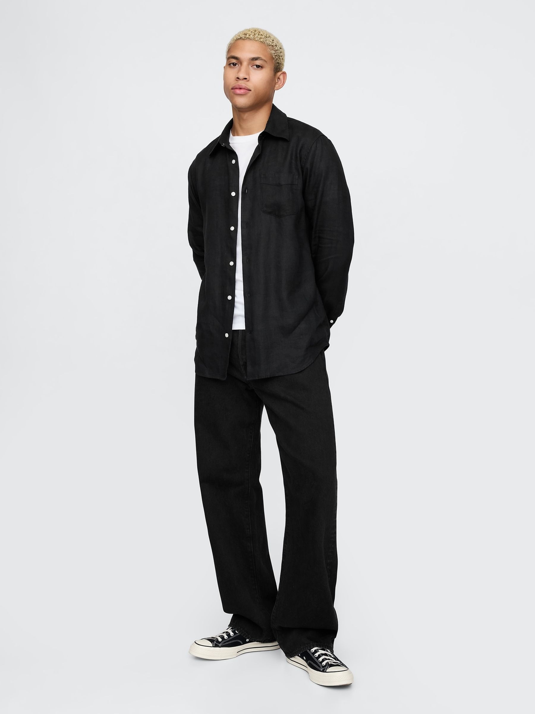 Black 100% Linen Long Sleeve Classic Shirt - Image 3 of 4