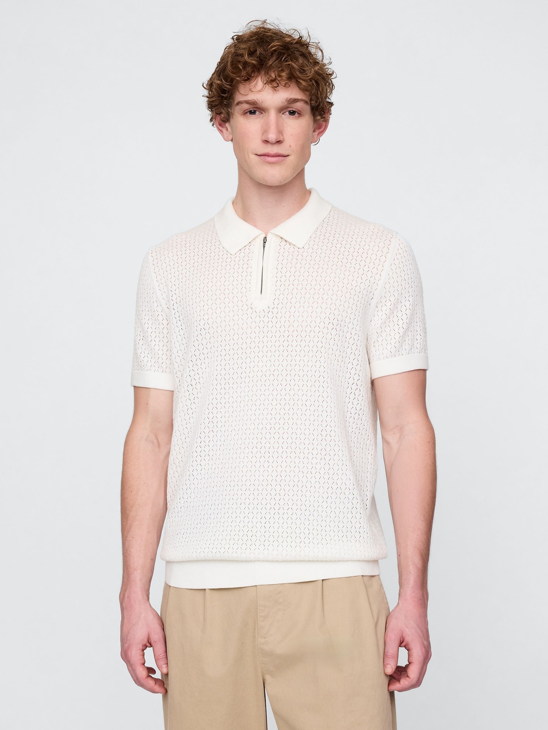 White Crochet Quarter Zip Polo Shirt - Image 1 of 7