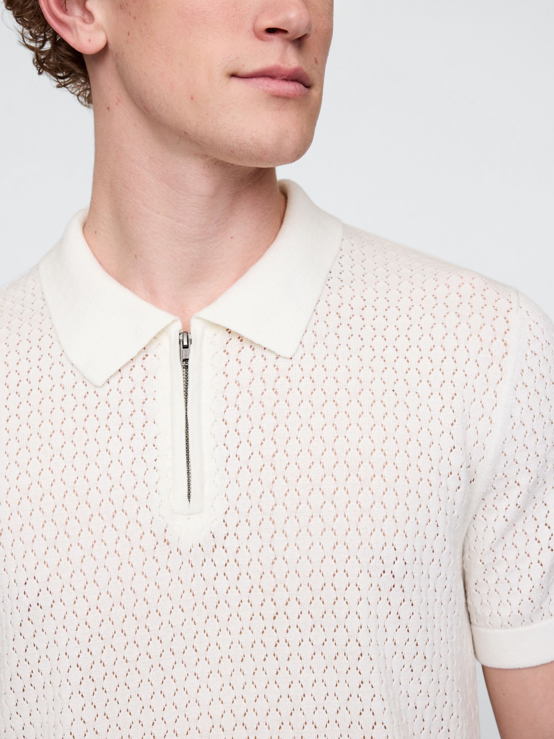 White Crochet Quarter Zip Polo Shirt - Image 4 of 7