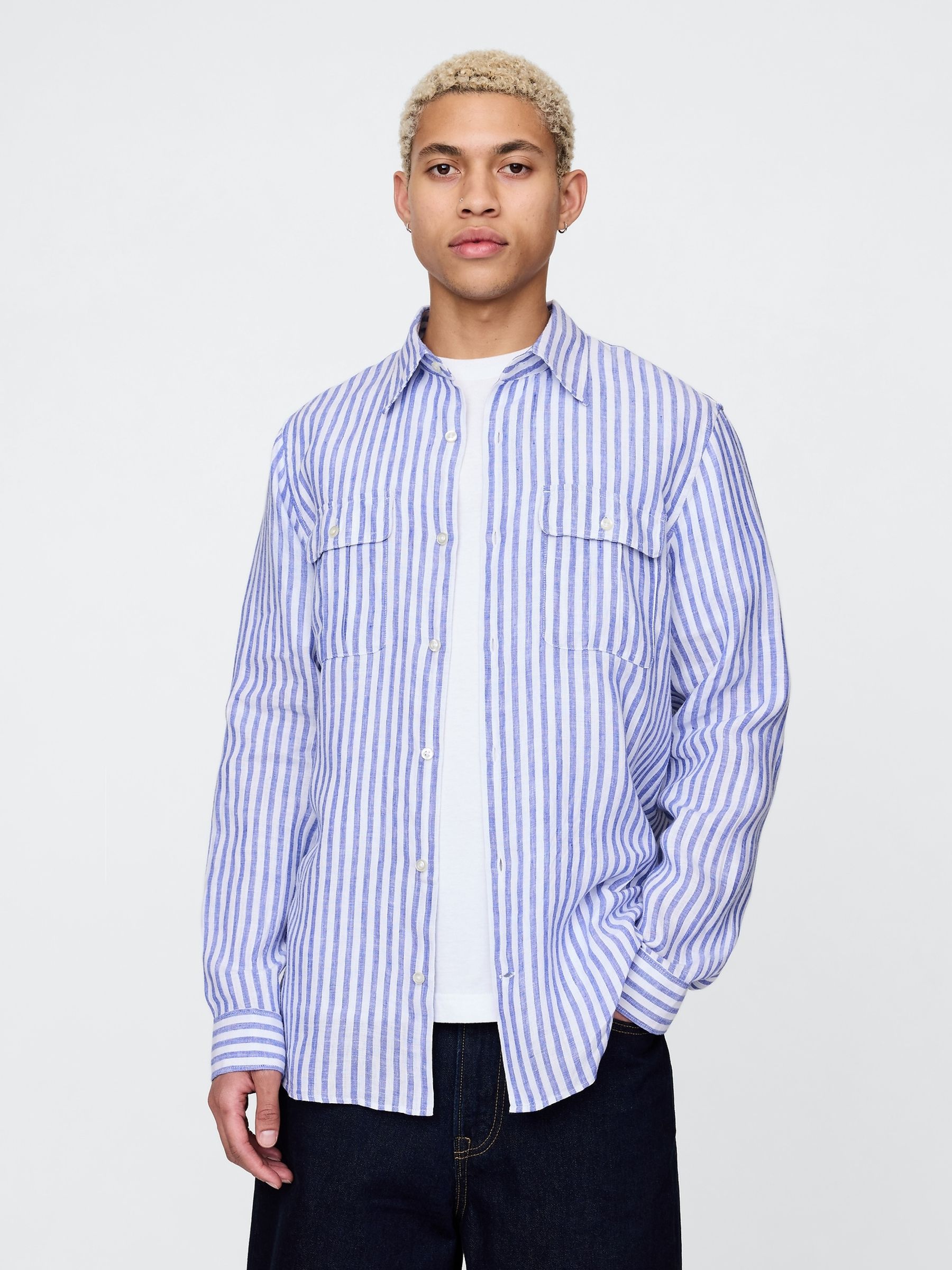 Blue & White Striped 100% Linen Long Sleeve Classic Shirt - Image 1 of 8