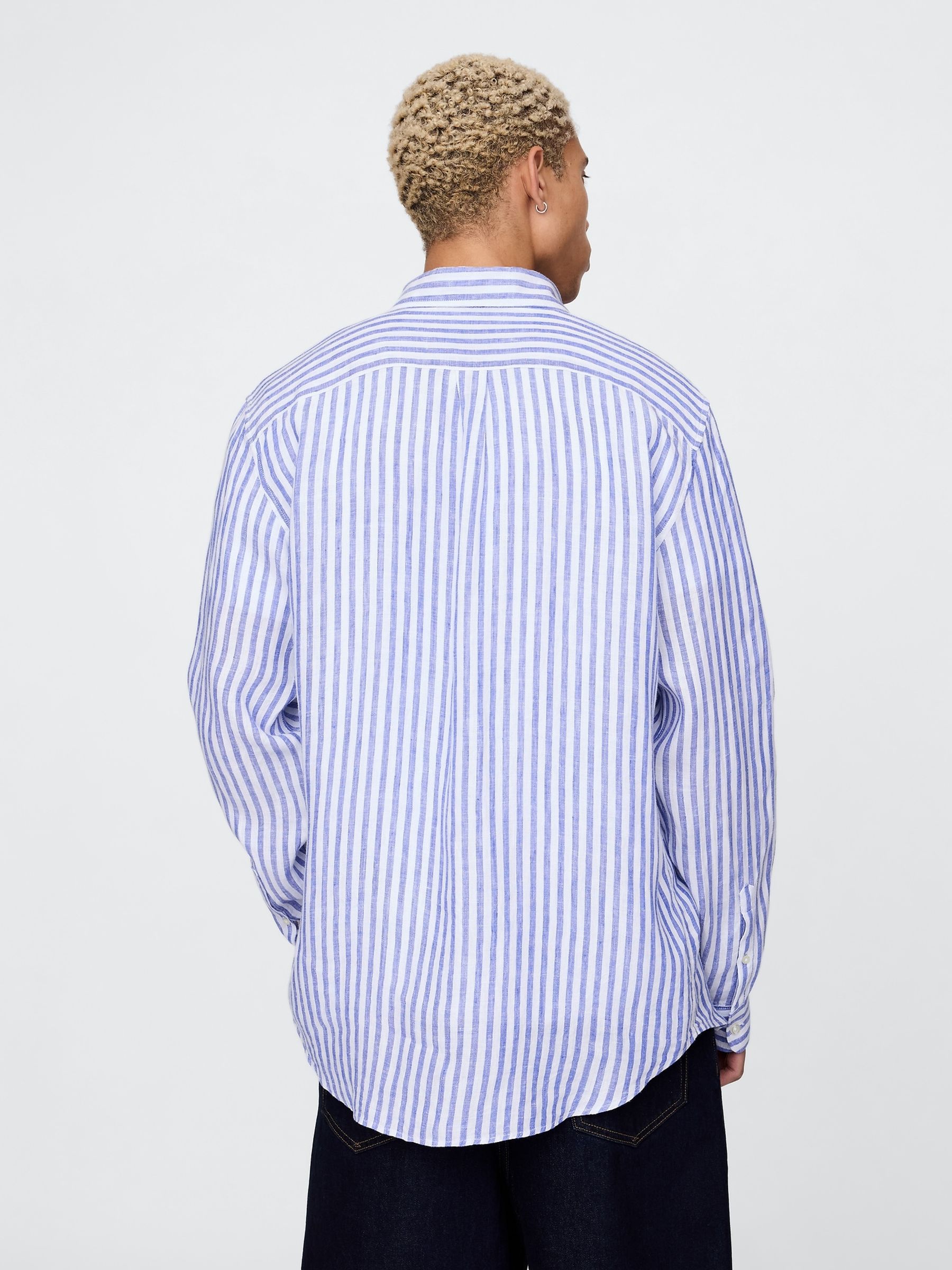 Blue & White Striped 100% Linen Long Sleeve Classic Shirt - Image 2 of 8