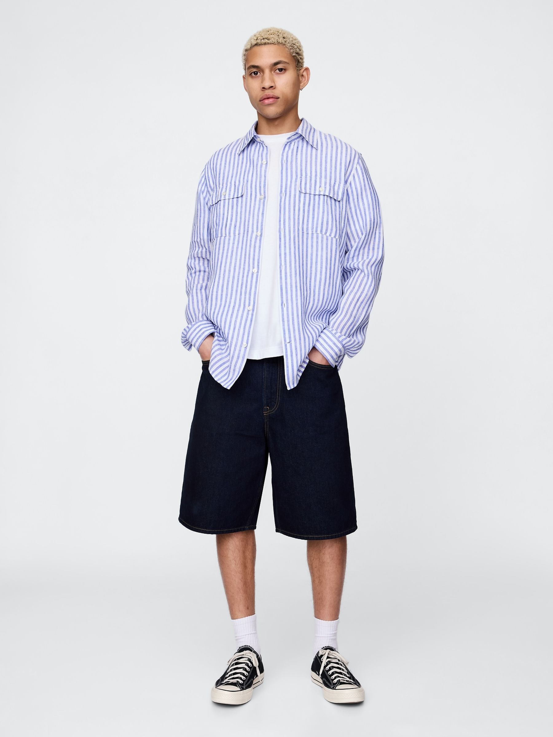 Blue & White Striped 100% Linen Long Sleeve Classic Shirt - Image 3 of 8