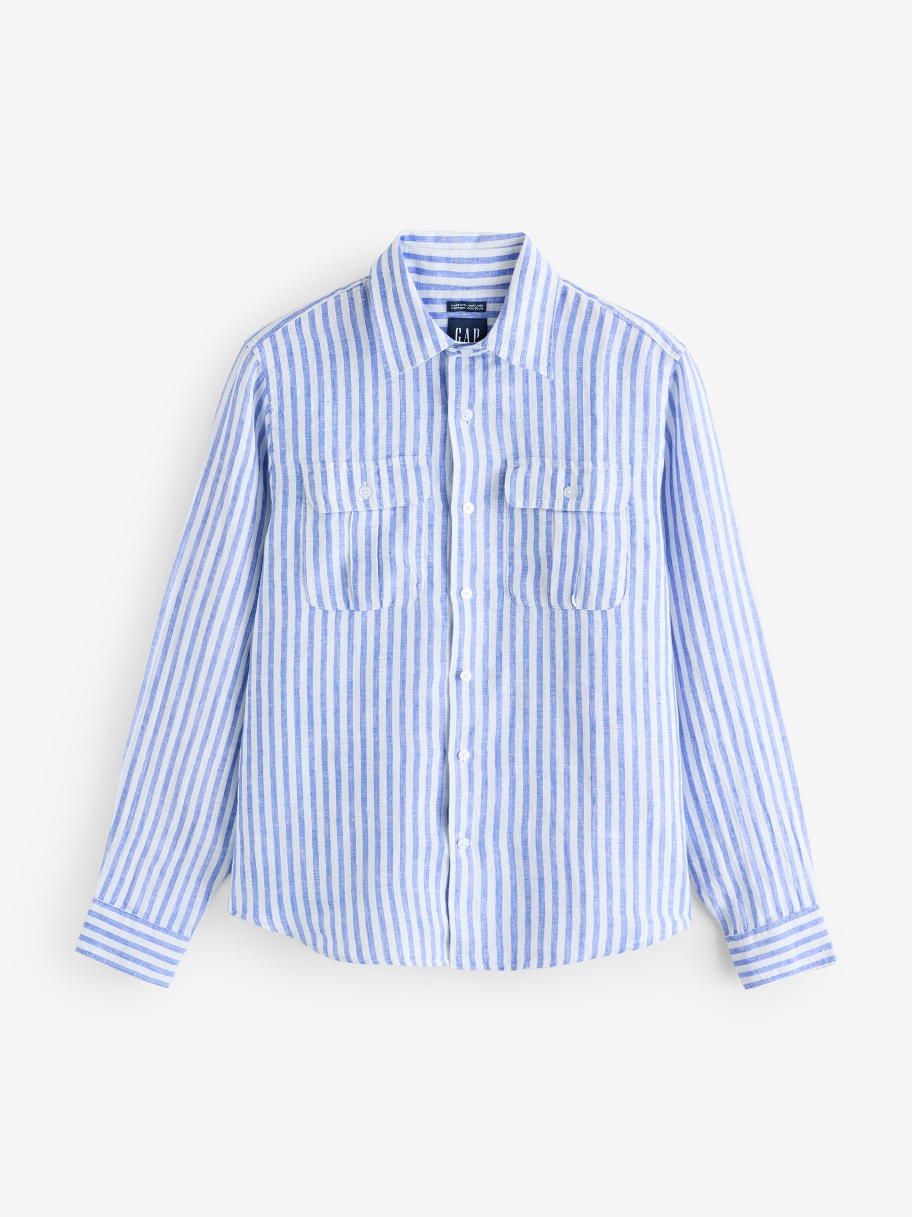 Blue & White Striped 100% Linen Long Sleeve Classic Shirt - Image 4 of 8
