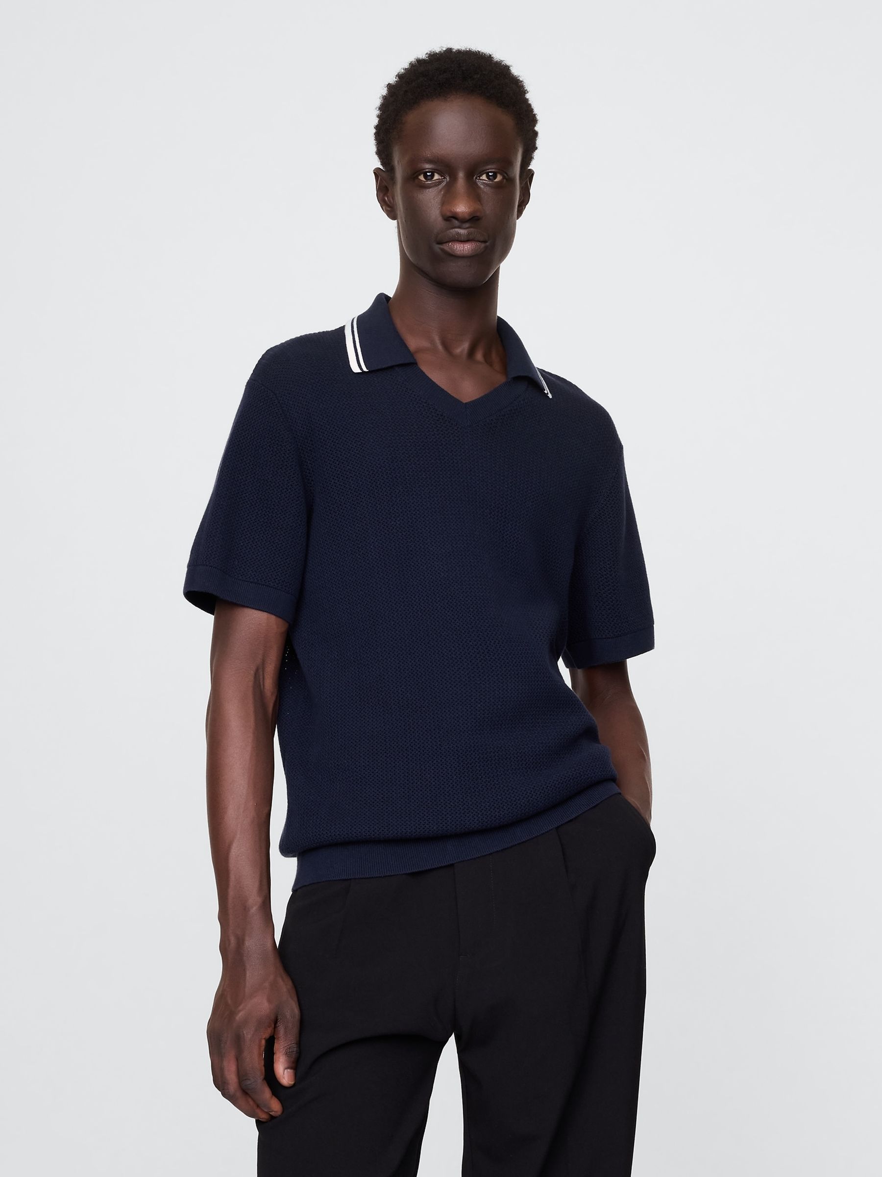 Navy/Blue Johnny-Collar Short Sleeve Knitted Polo Jumper - Image 1 of 7