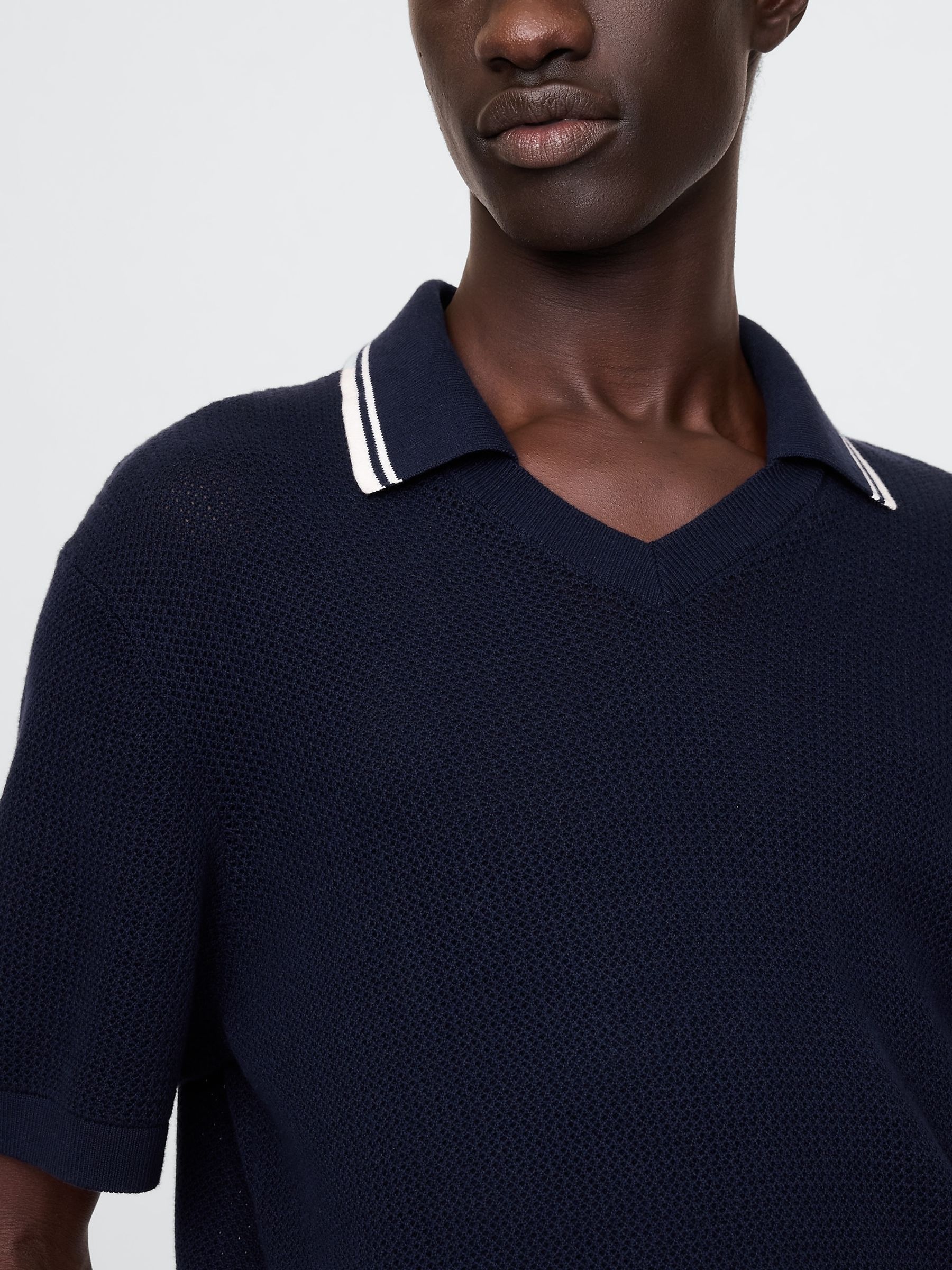 Navy/Blue Johnny-Collar Short Sleeve Knitted Polo Jumper - Image 4 of 7