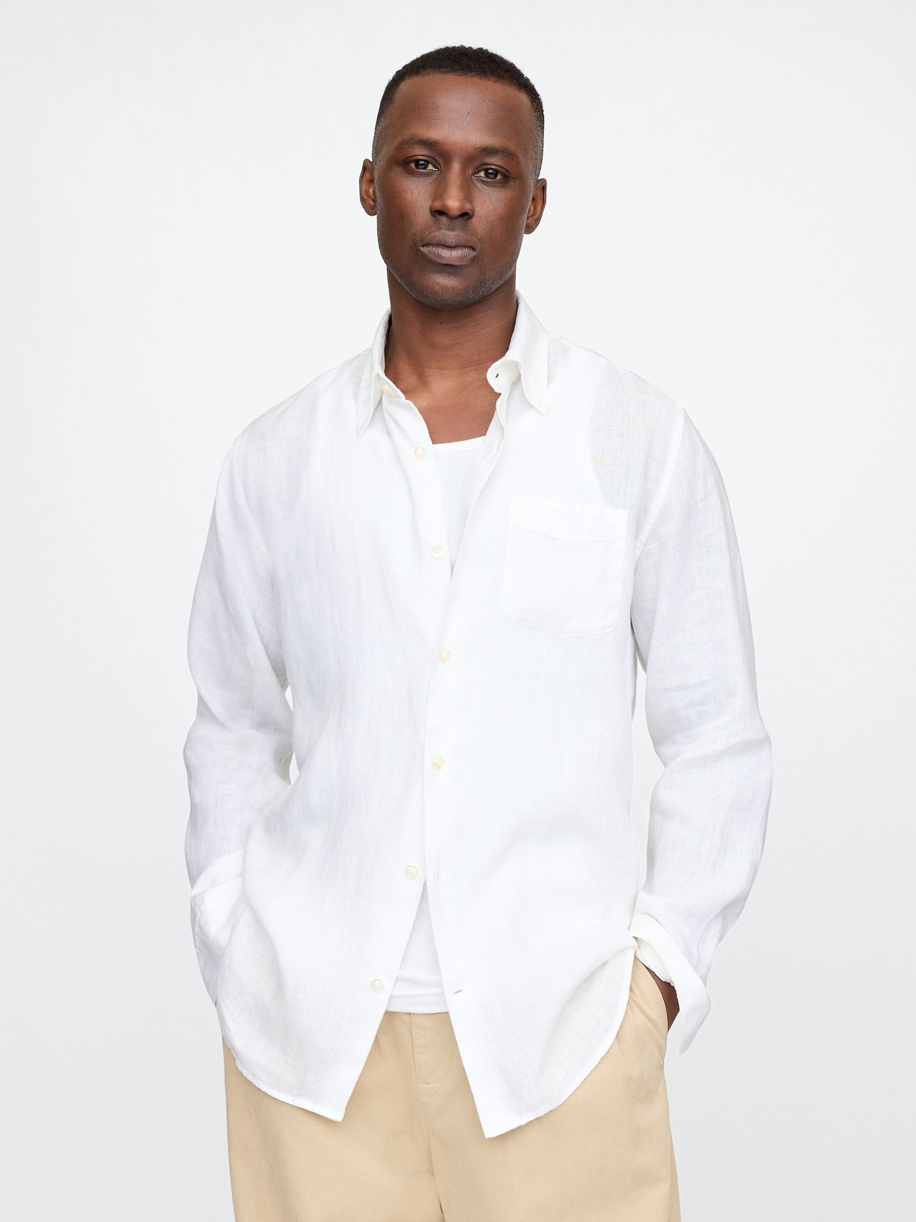 White 100% Linen Long Sleeve Classic Shirt - Image 2 of 5