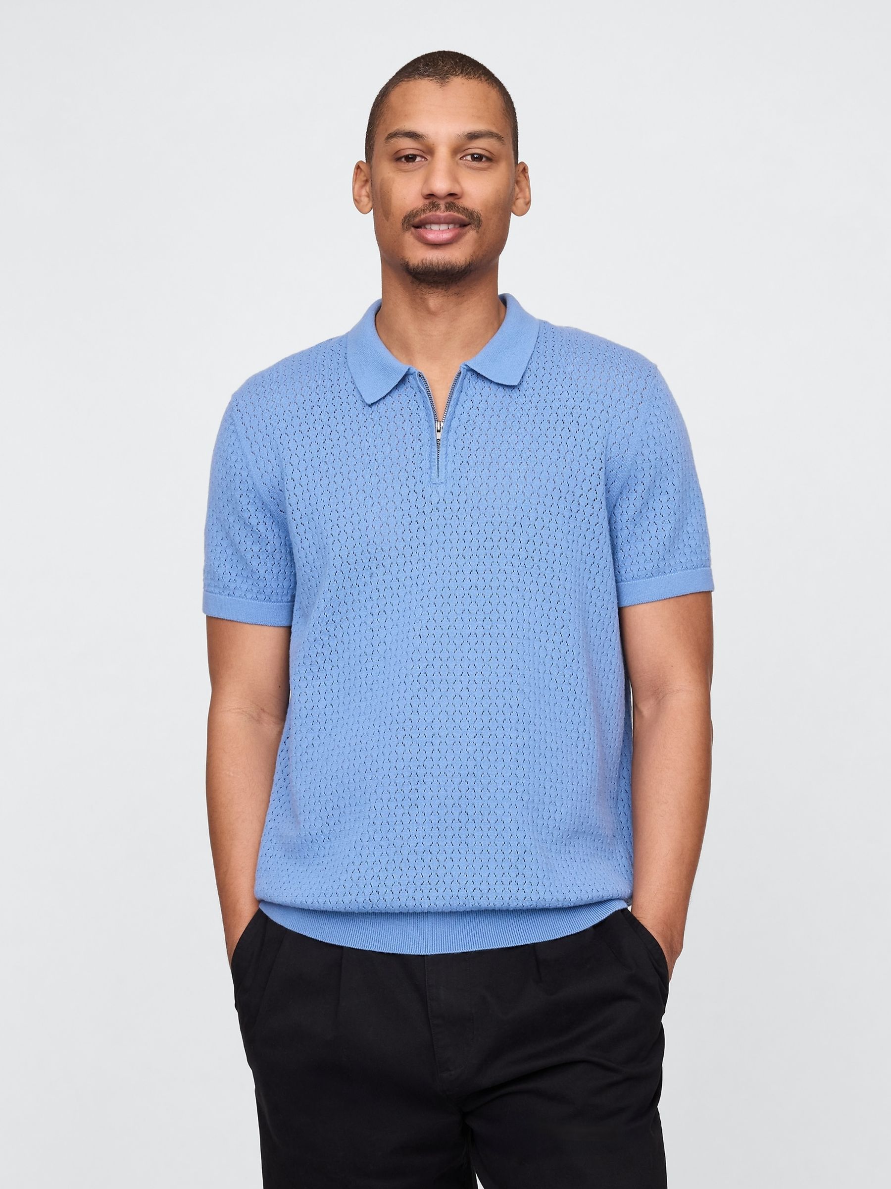 Blue Crochet Quarter Zip Polo Shirt - Image 1 of 7