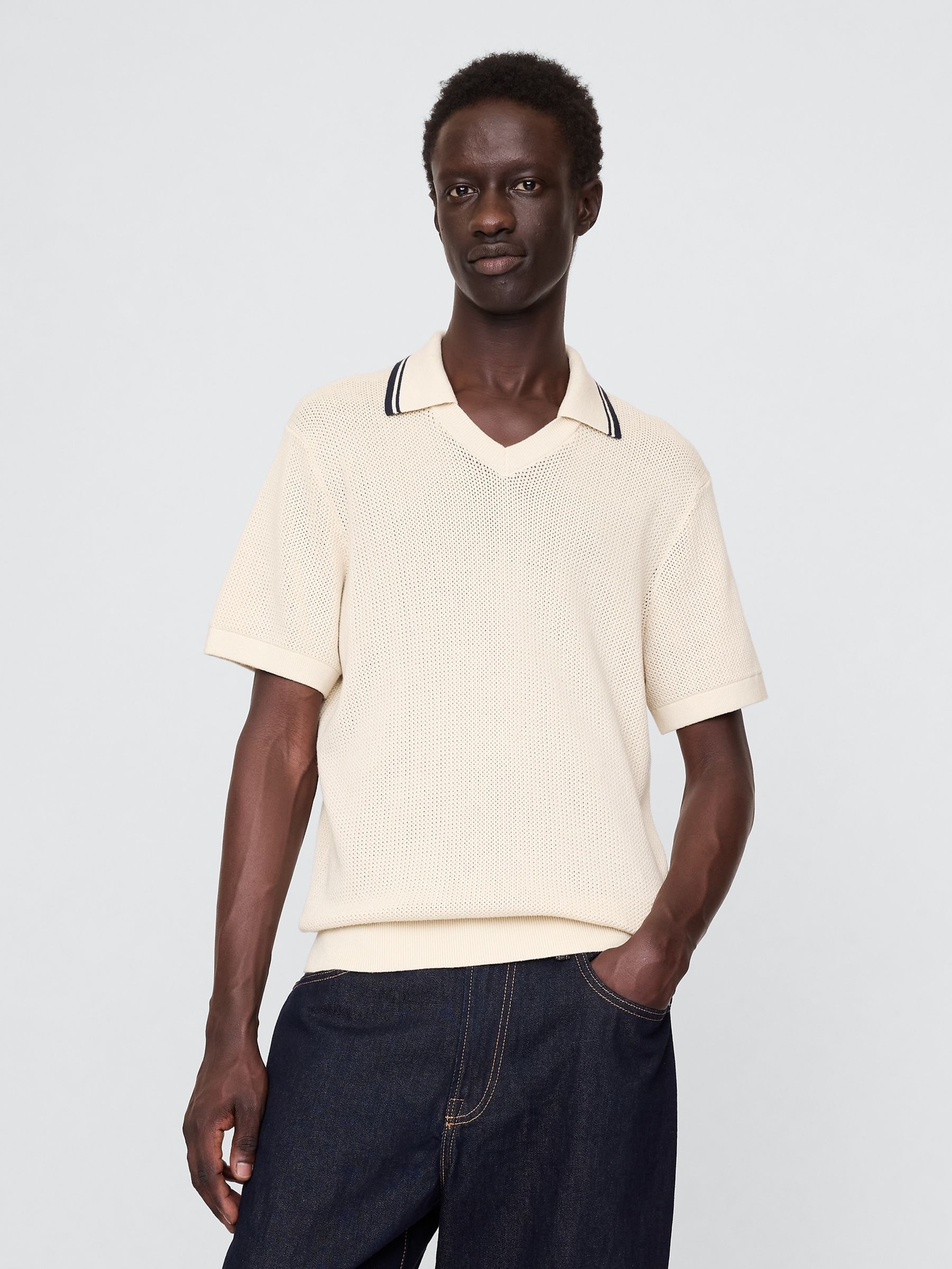 Blue Johnny-Collar Short Sleeve Knitted Polo Jumper - Image 1 of 7