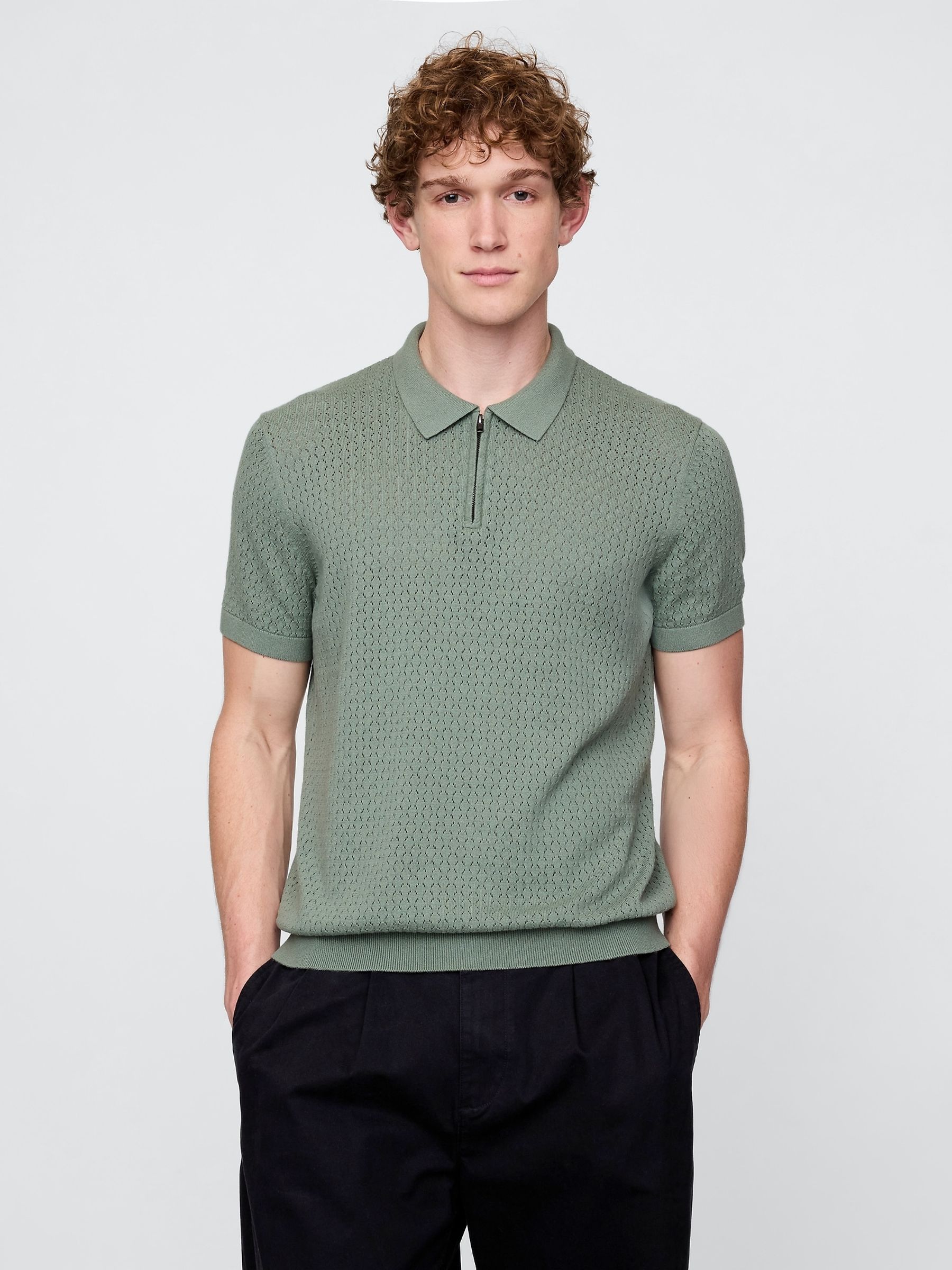 Green Crochet Quarter Zip Polo Shirt - Image 1 of 8