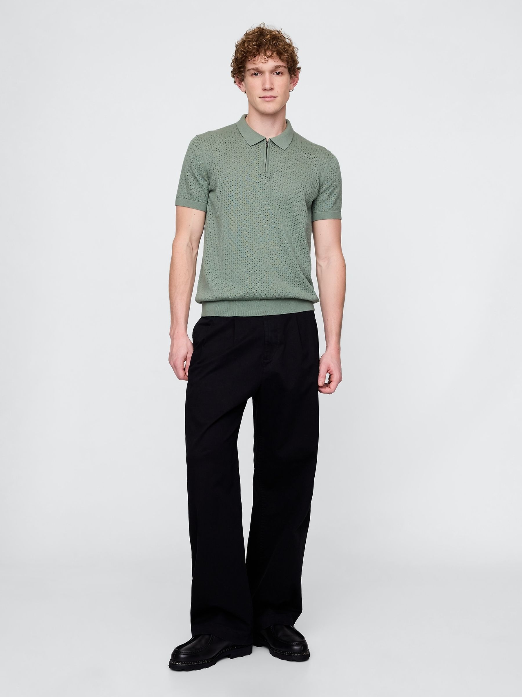 Green Crochet Quarter Zip Polo Shirt - Image 3 of 8