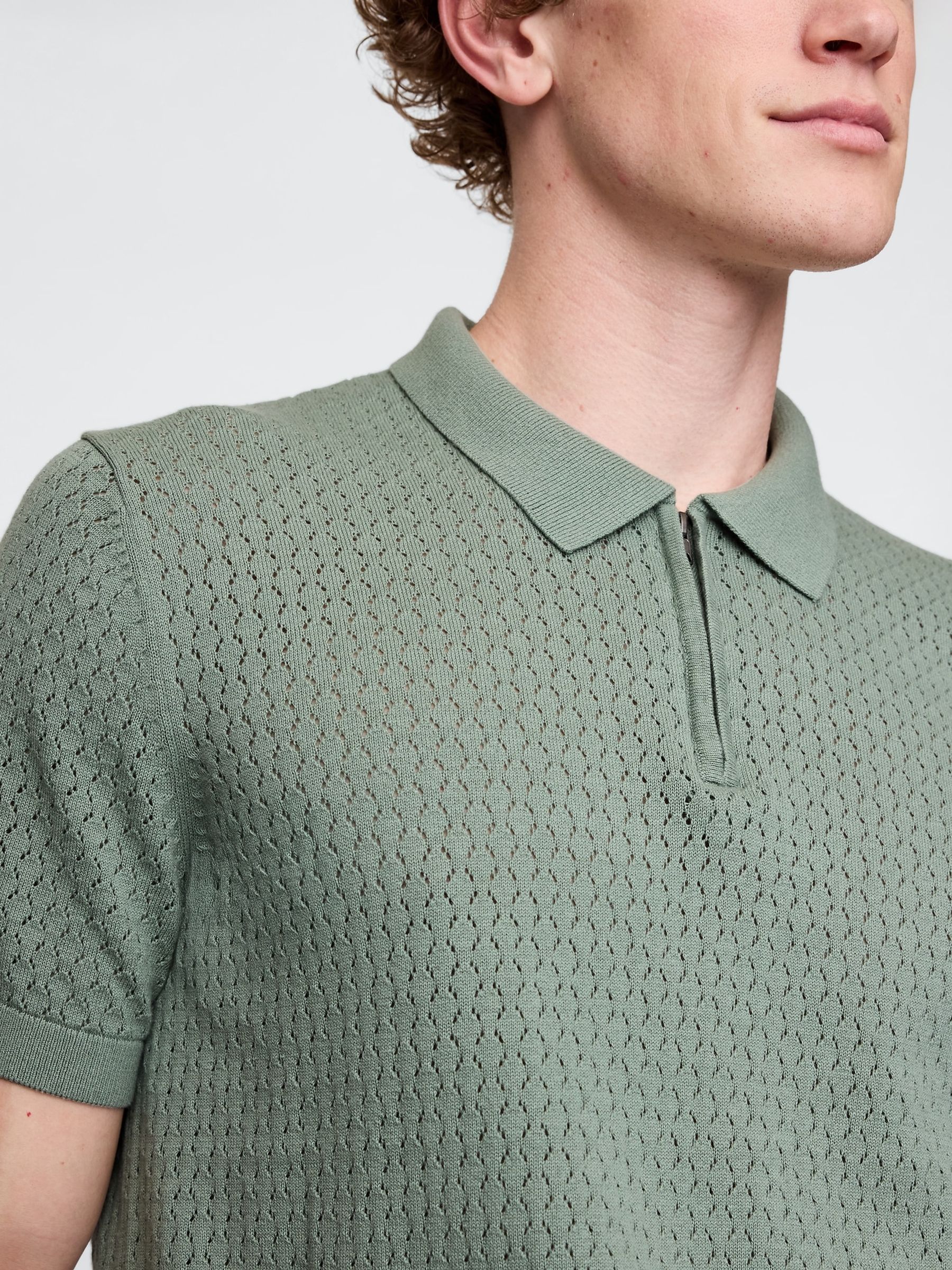 Green Crochet Quarter Zip Polo Shirt - Image 4 of 8
