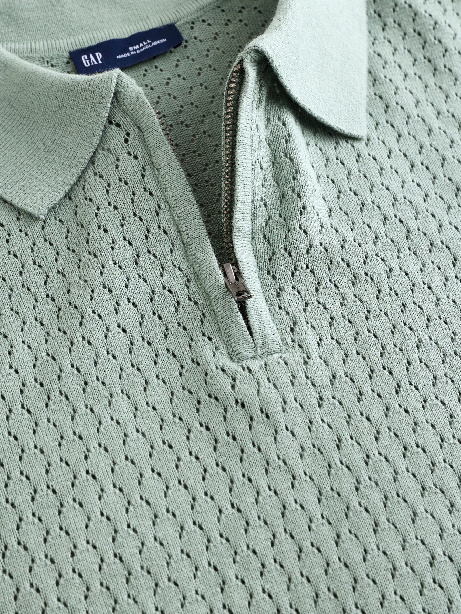 Green Crochet Quarter Zip Polo Shirt - Image 7 of 8