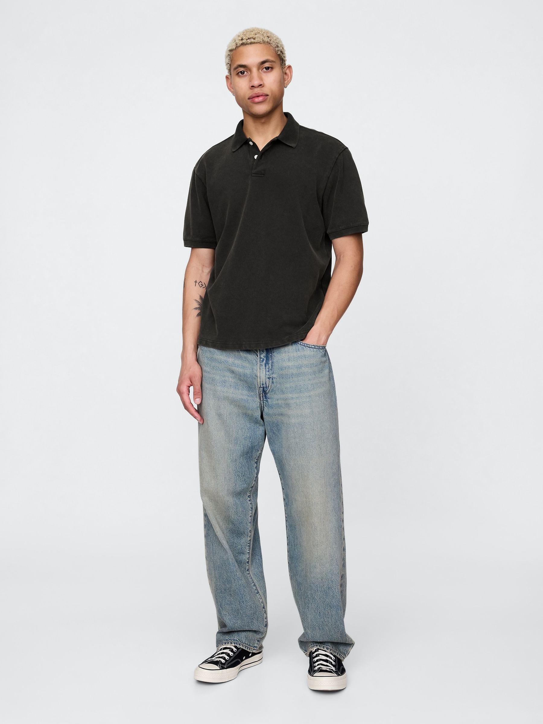 Black Cotton Pique Short Sleeve Polo Shirt - Image 3 of 5