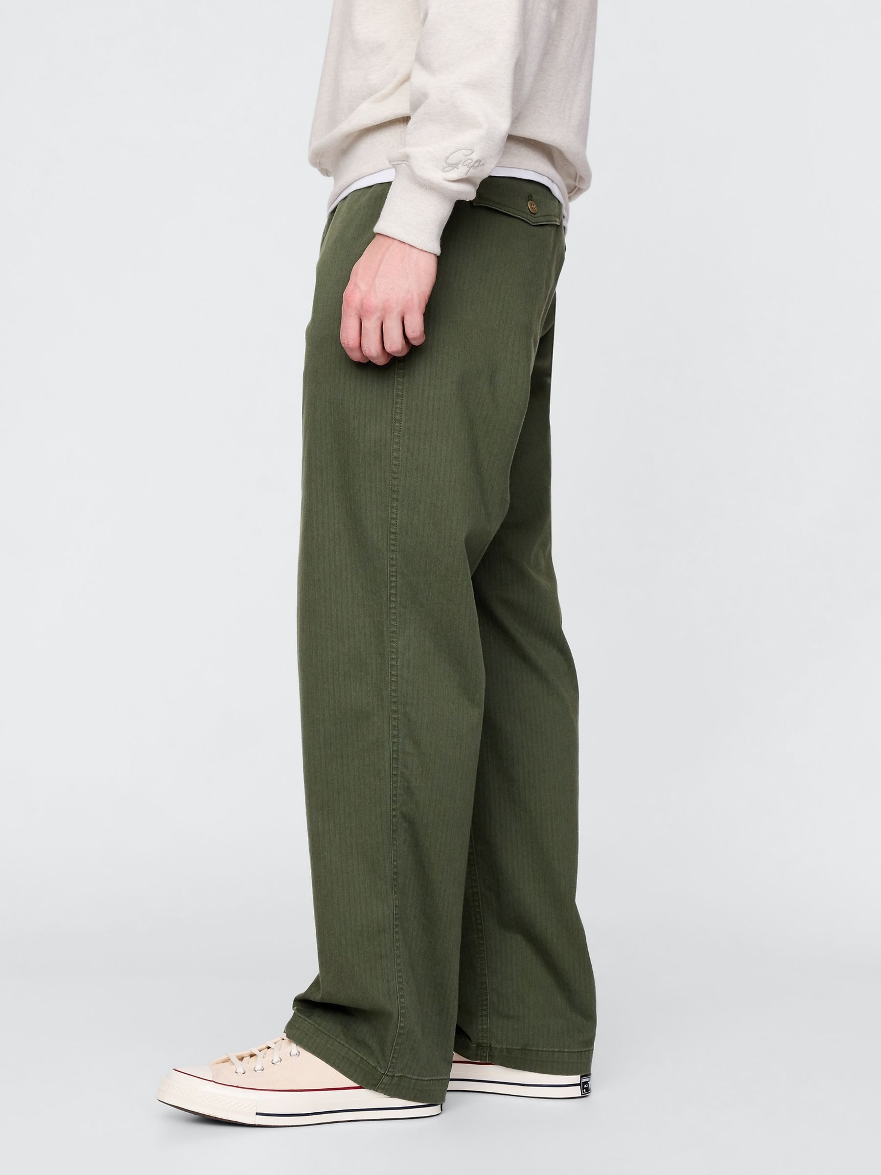 Khaki Green 90s Loose Herringbone Chino Trousers - Image 3 of 5