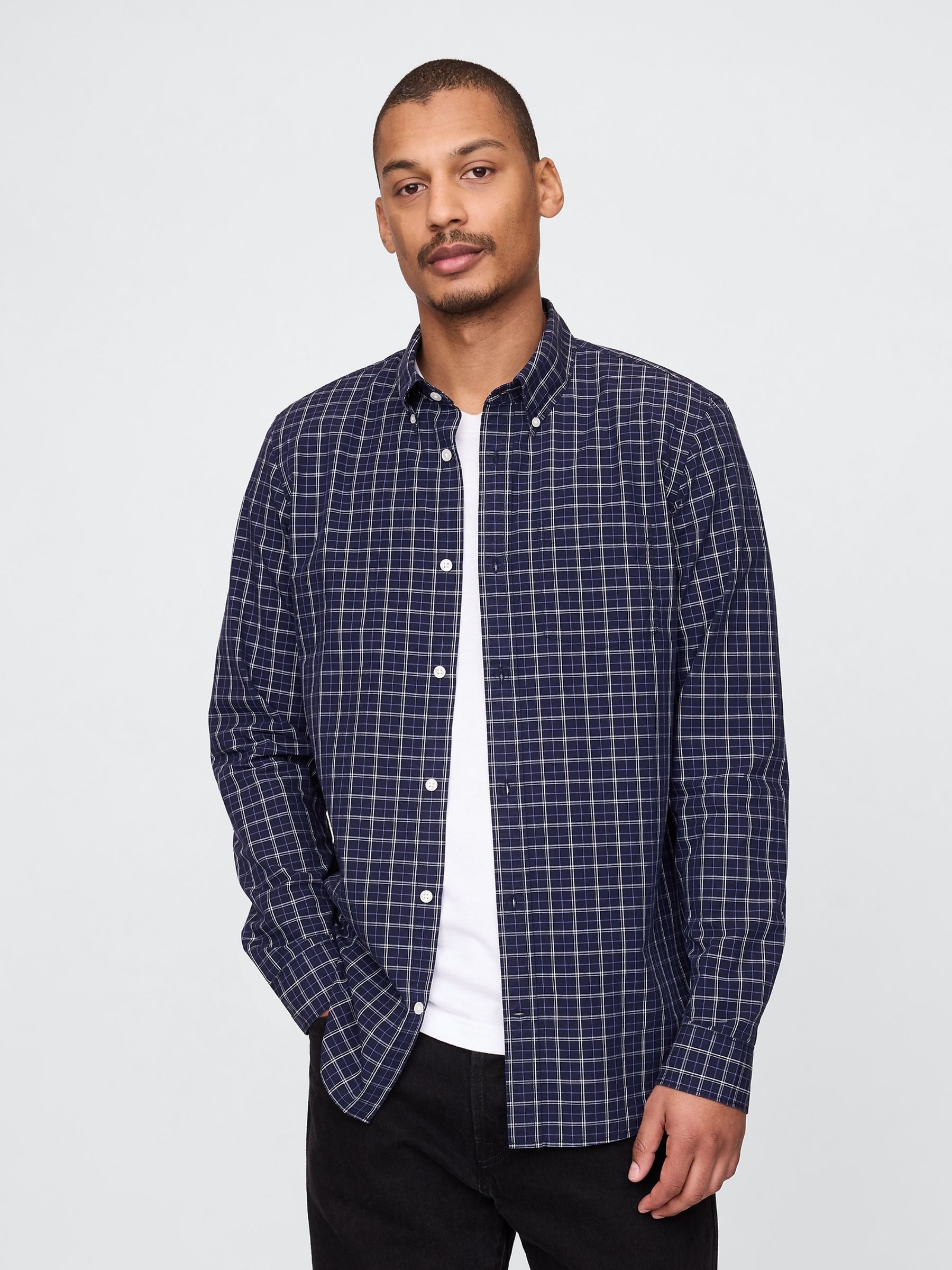 Blue Check Organic Cotton Long Sleeve Poplin Classic Shirt - Image 1 of 3