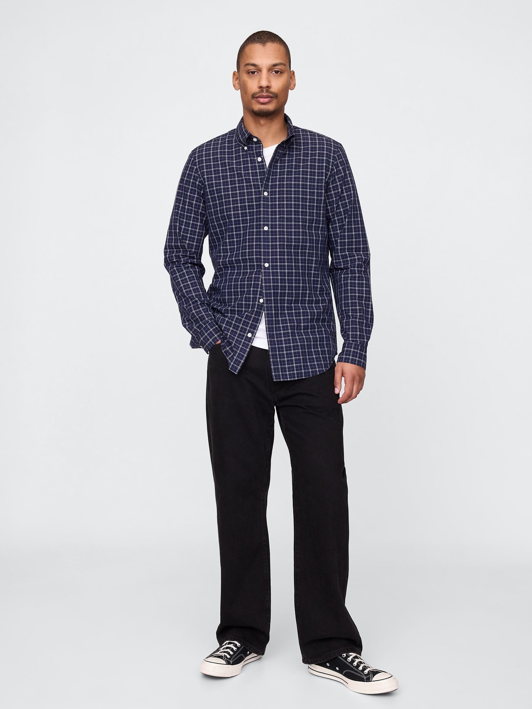 Blue Check Organic Cotton Long Sleeve Poplin Classic Shirt - Image 3 of 3