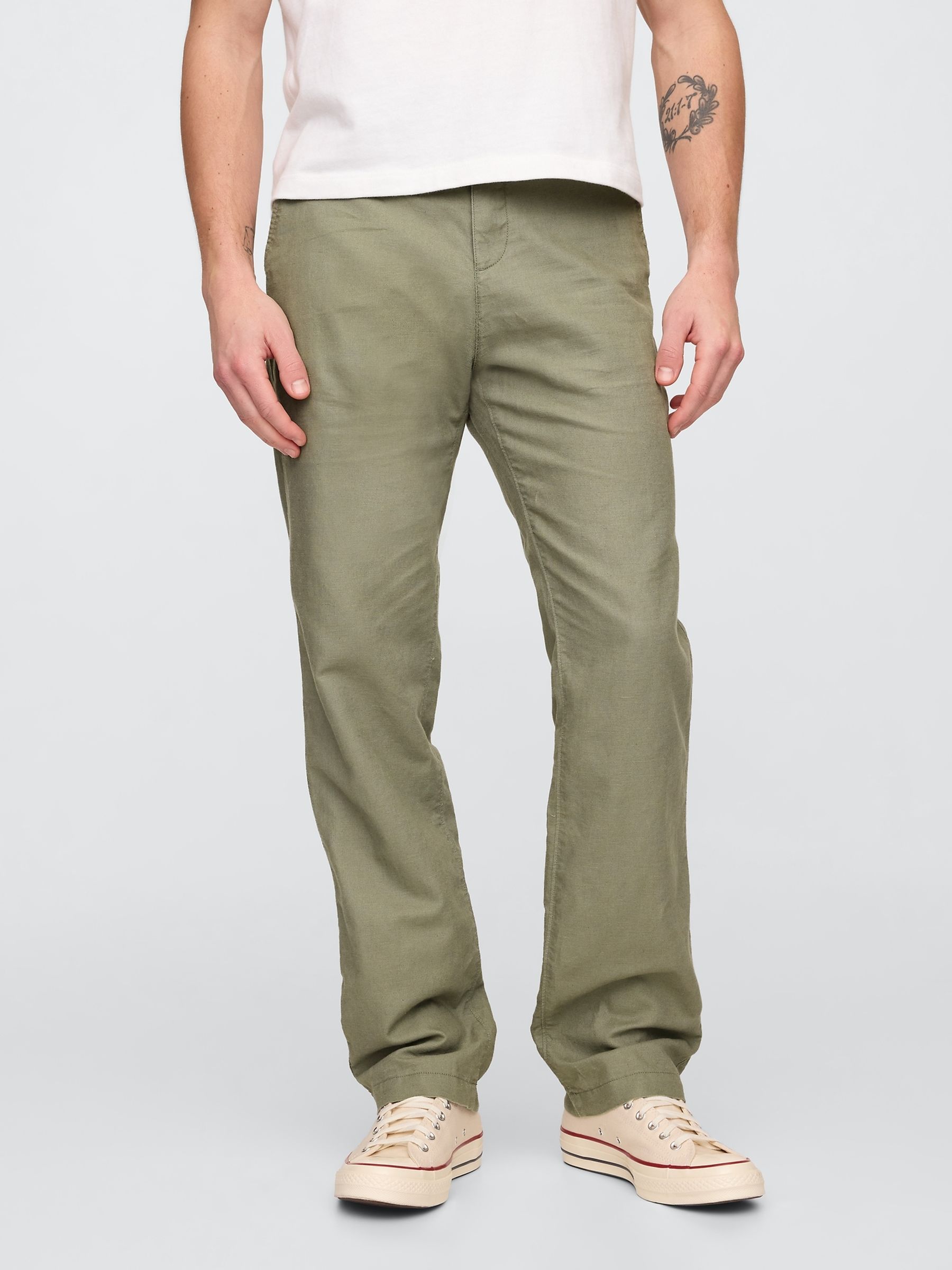 Green Straight Fit Linen-Cotton Chino Trousers - Image 1 of 5