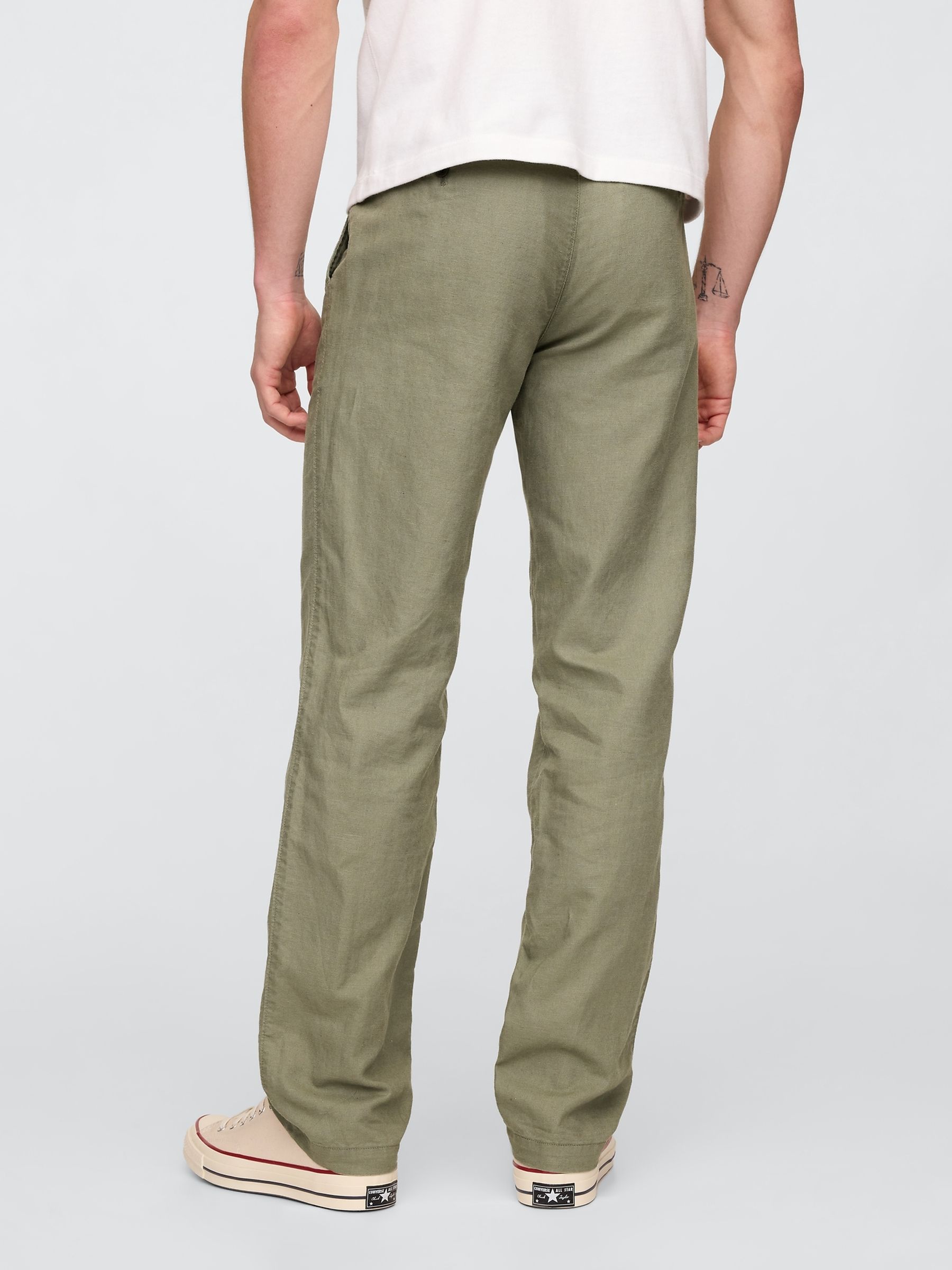 Green Straight Fit Linen-Cotton Chino Trousers - Image 2 of 5