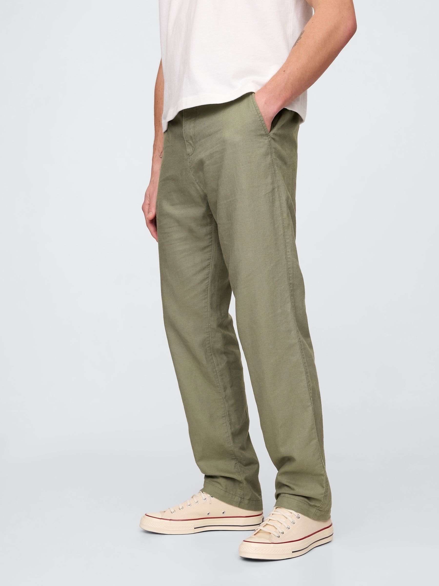 Green Straight Fit Linen-Cotton Chino Trousers - Image 4 of 5
