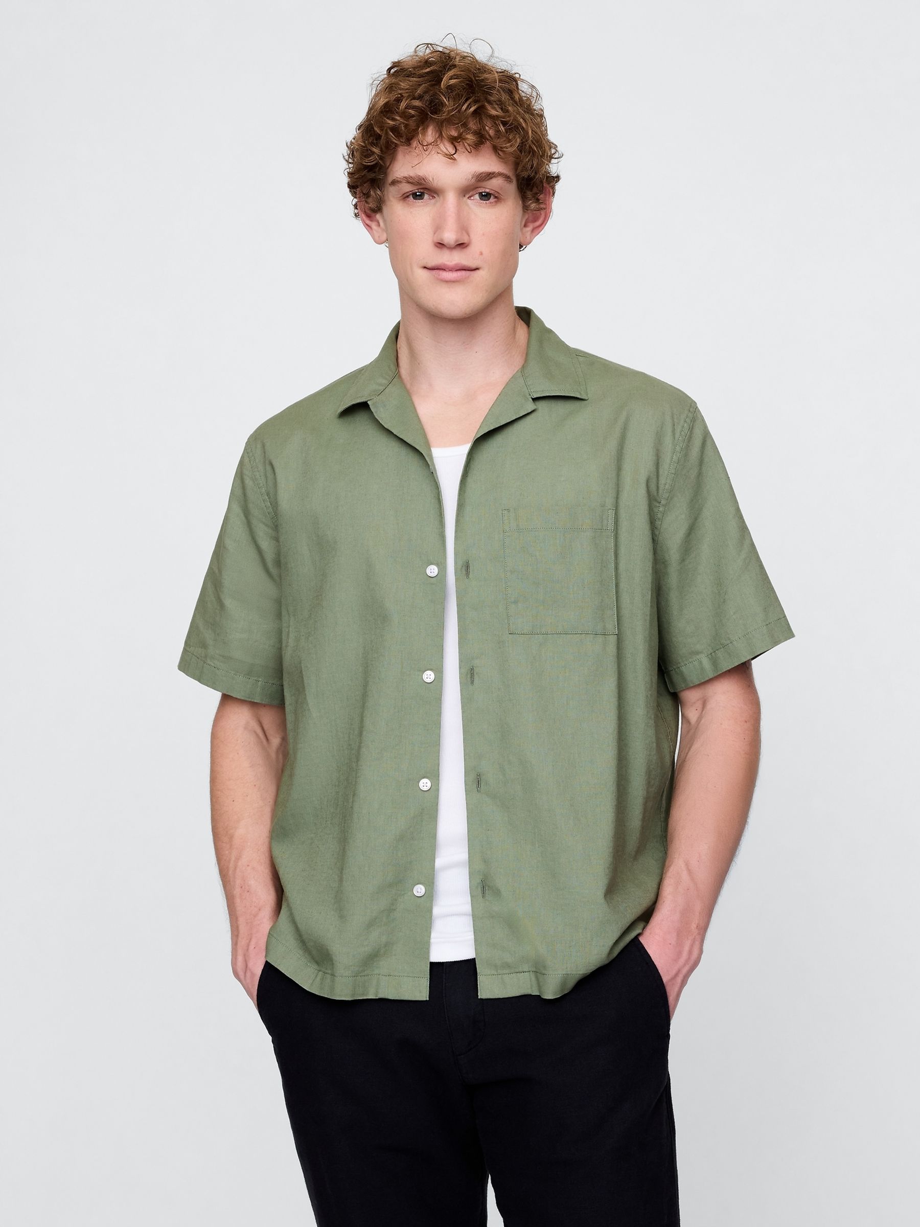 Green Linen-Cotton Short Sleeve Shirt - Image 1 of 5