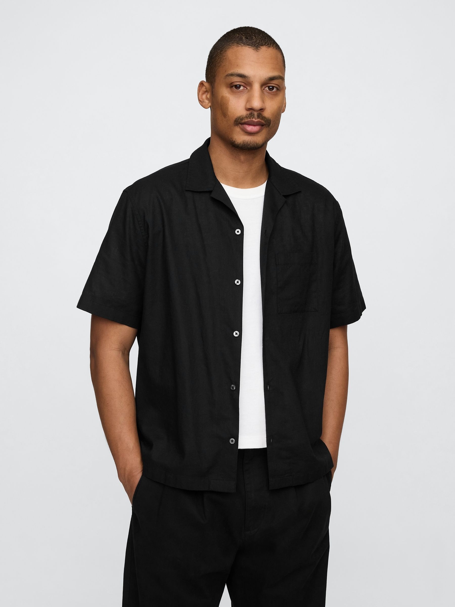 Black Linen-Cotton Short Sleeve Shirt - Image 1 of 5