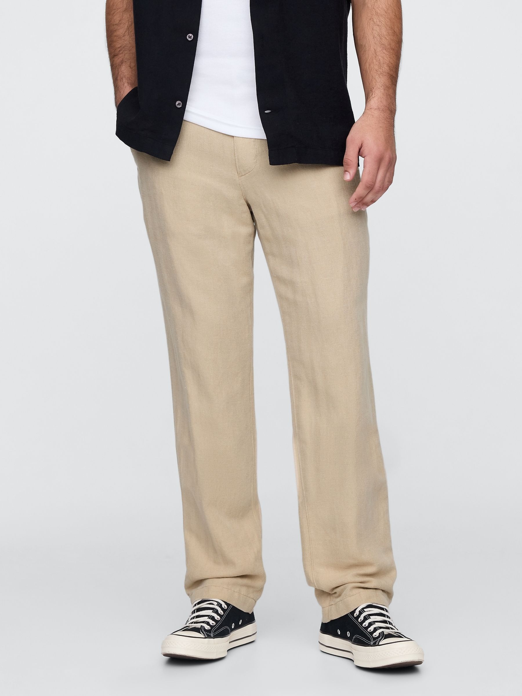 Beige Straight Fit Linen-Cotton Chino Trousers - Image 1 of 5