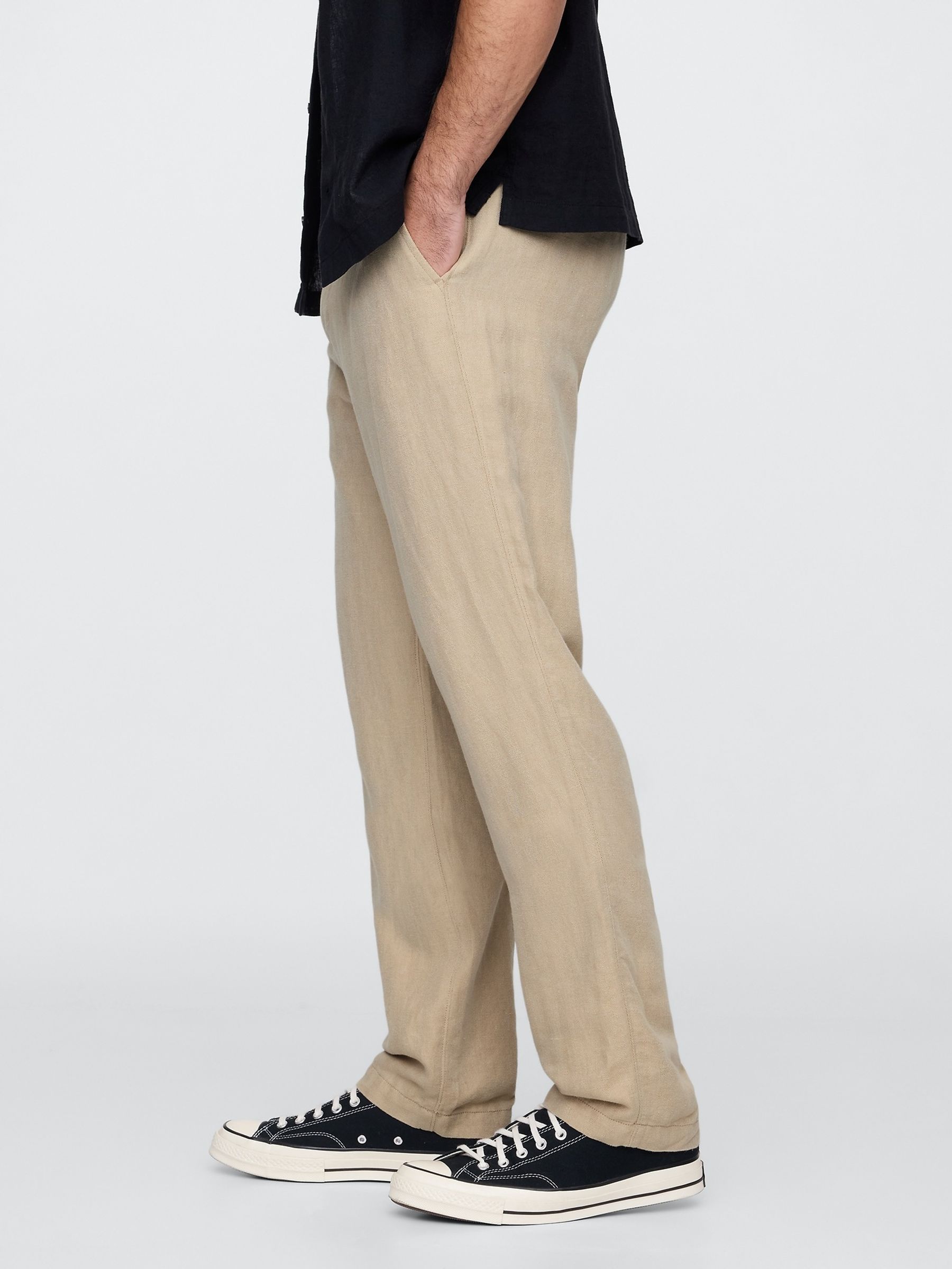 Beige Straight Fit Linen-Cotton Chino Trousers - Image 3 of 5