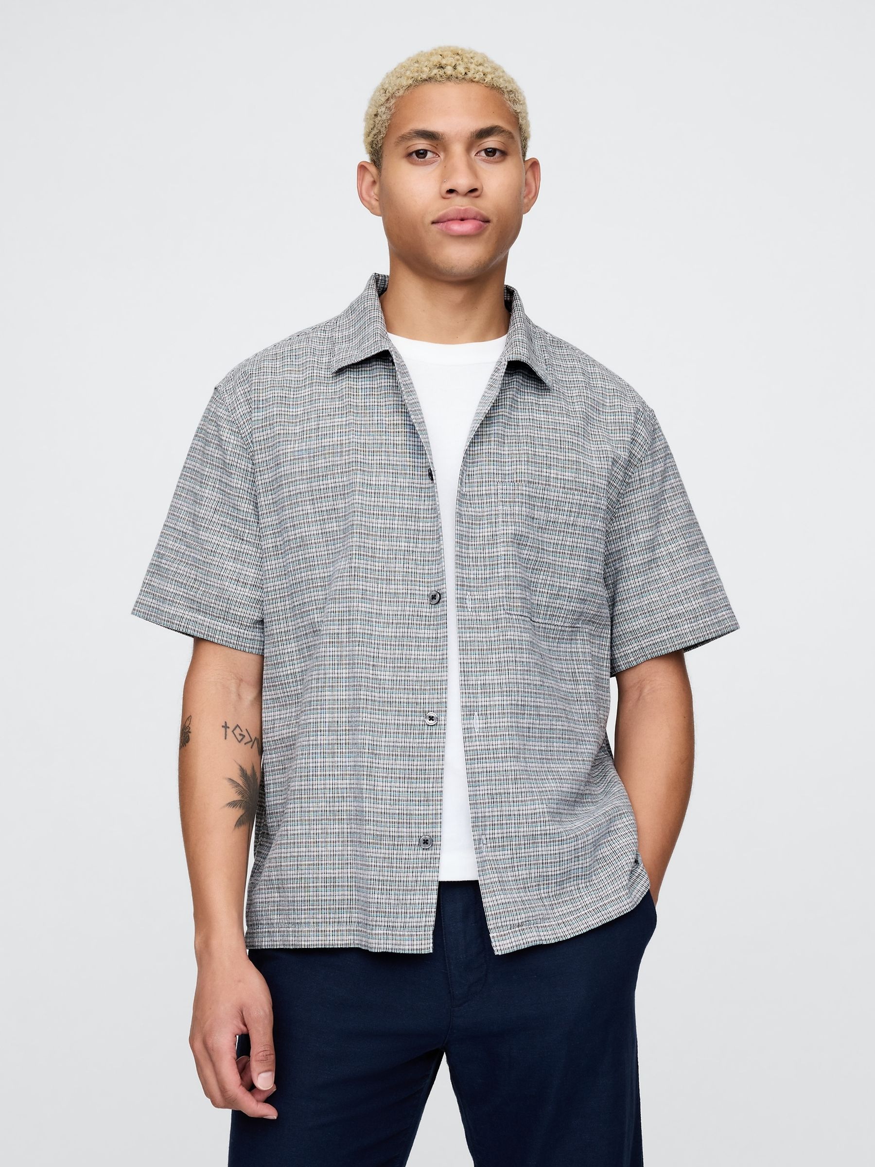 Grey Linen-Cotton Short Sleeve Shirt - Image 1 of 5