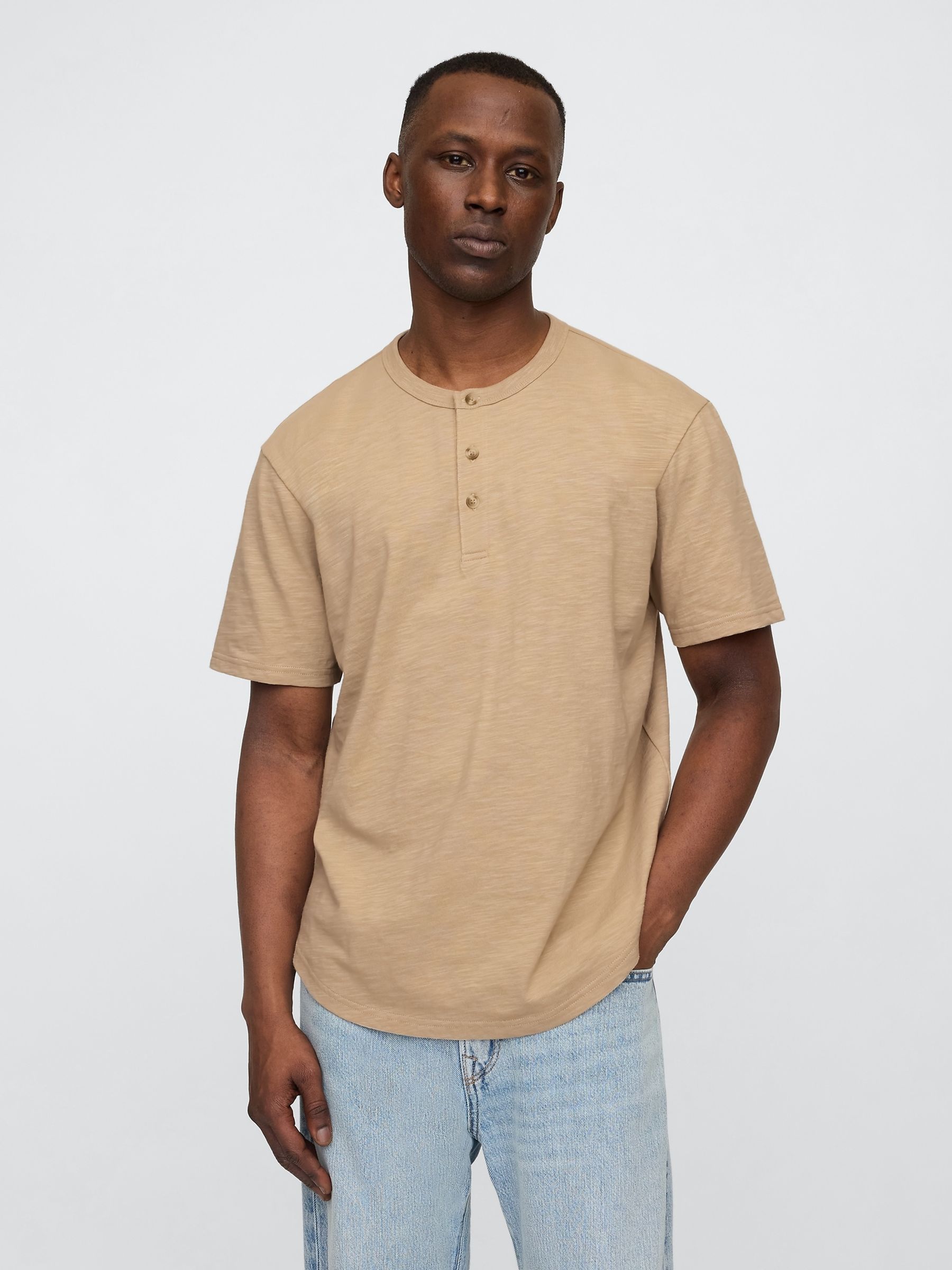 Beige Short Sleeve Henley T-Shirt - Image 1 of 5