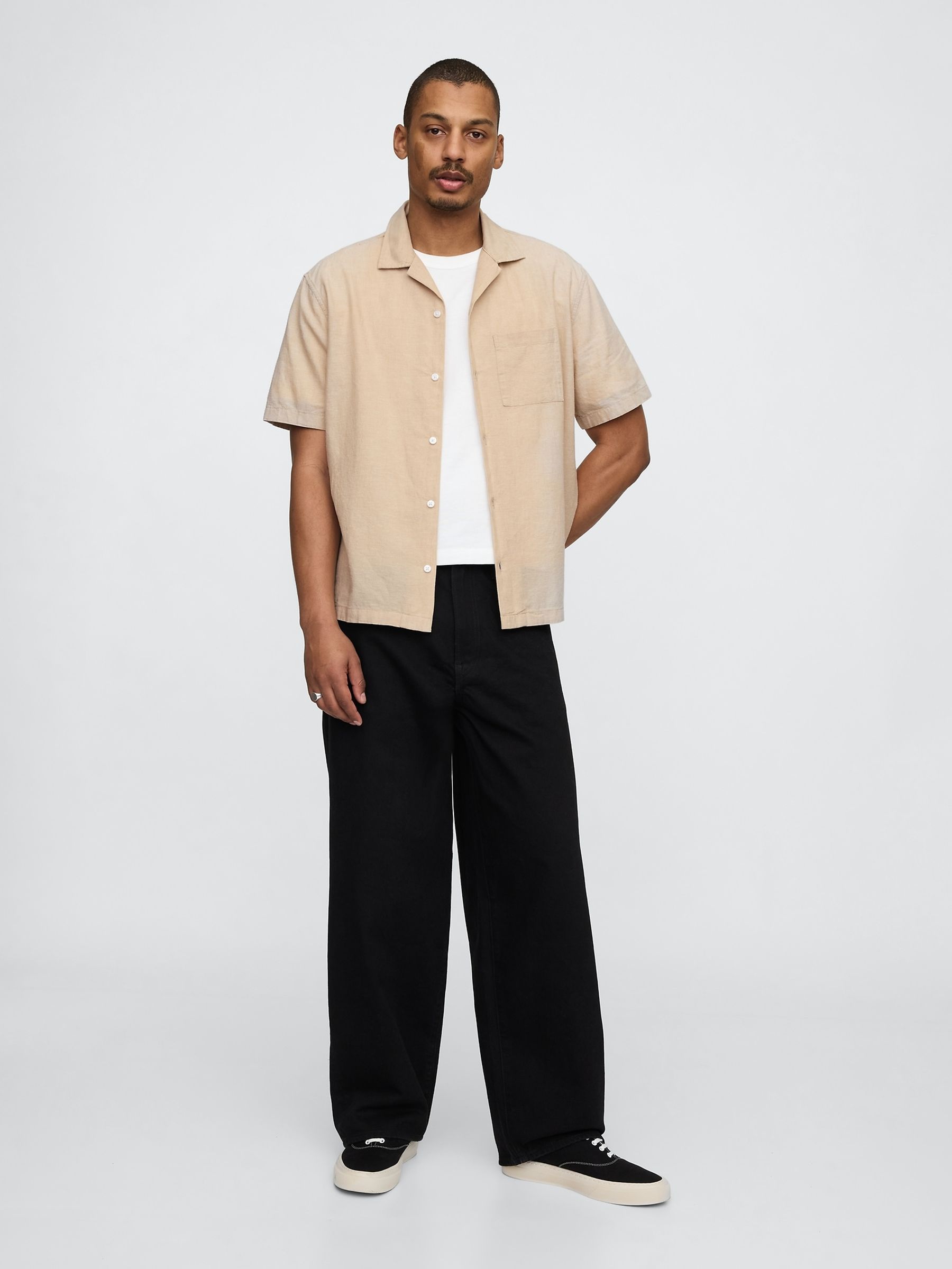 Beige Linen-Cotton Short Sleeve Shirt - Image 3 of 5