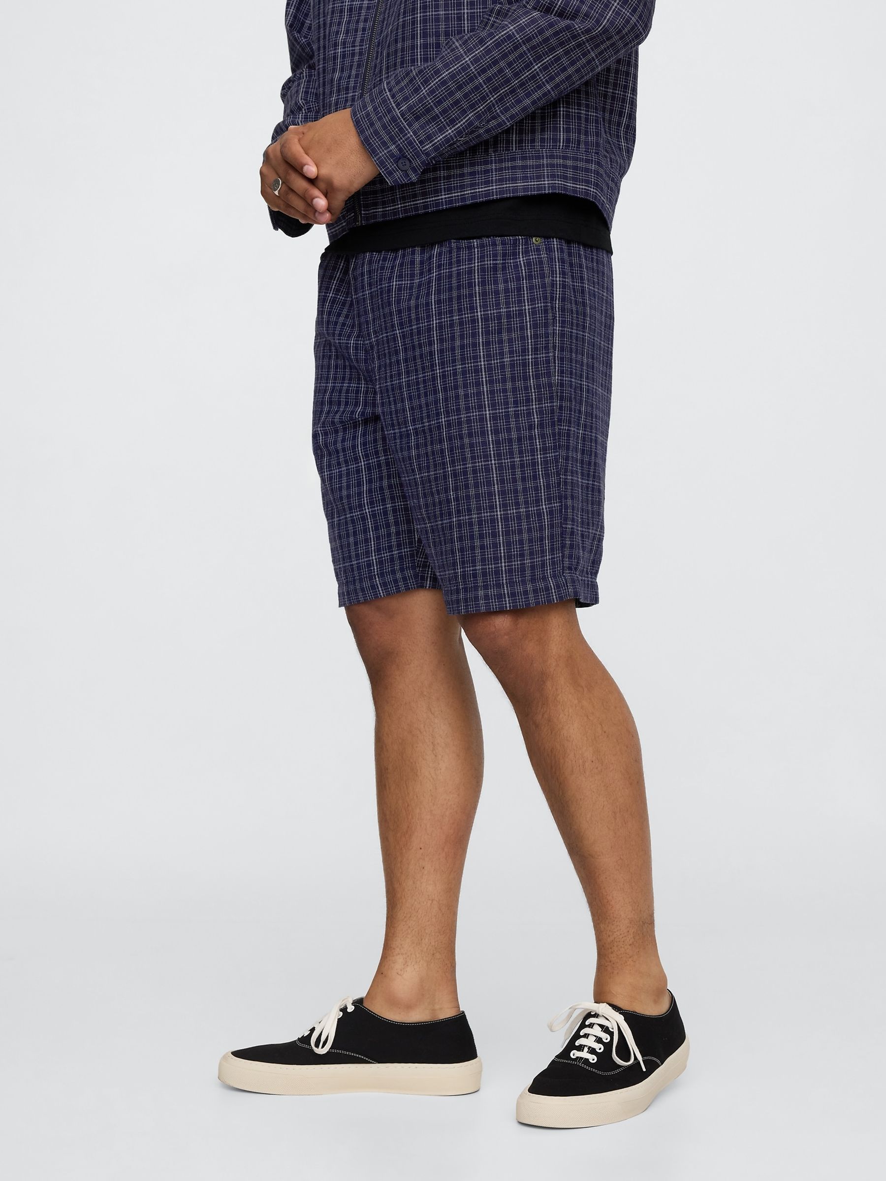 Blue Check 9"" Linen-Cotton Easy Chino Shorts - Image 3 of 5
