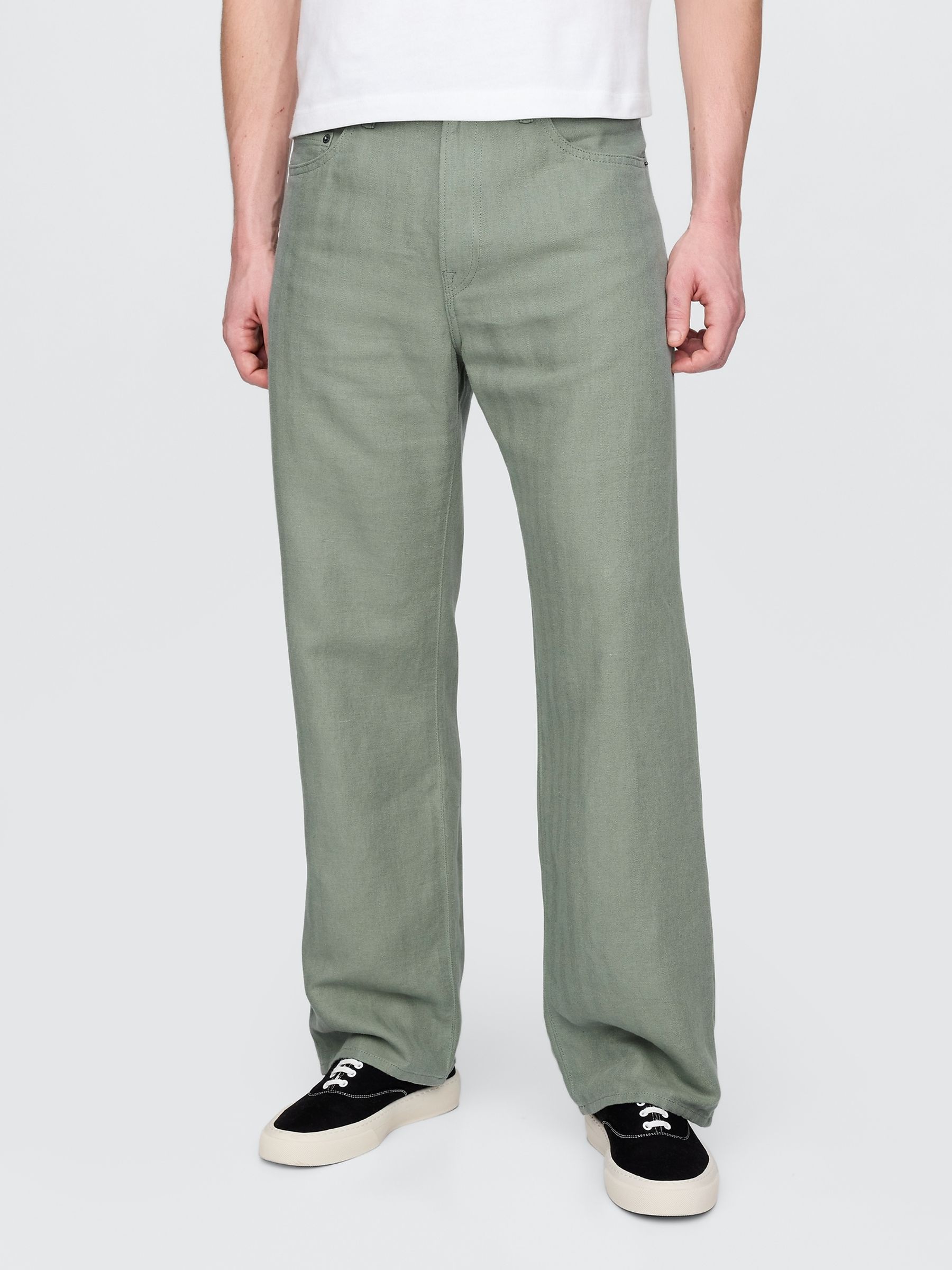 Green Linen-Cotton 90s Loose Herringbone Trousers - Image 1 of 5