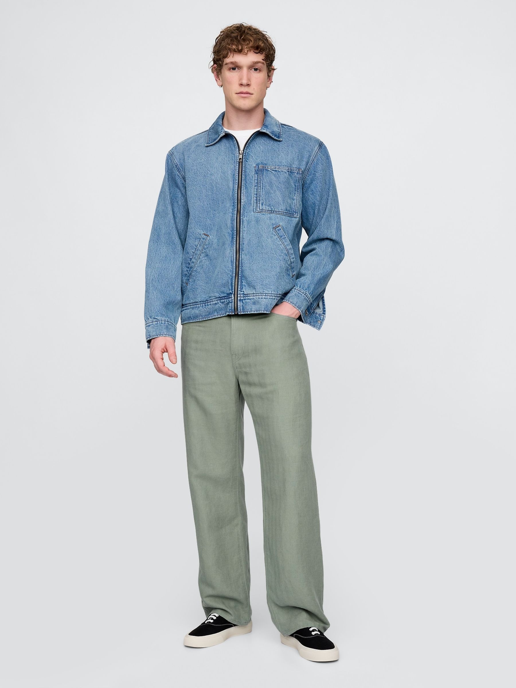 Green Linen-Cotton 90s Loose Herringbone Trousers - Image 5 of 5