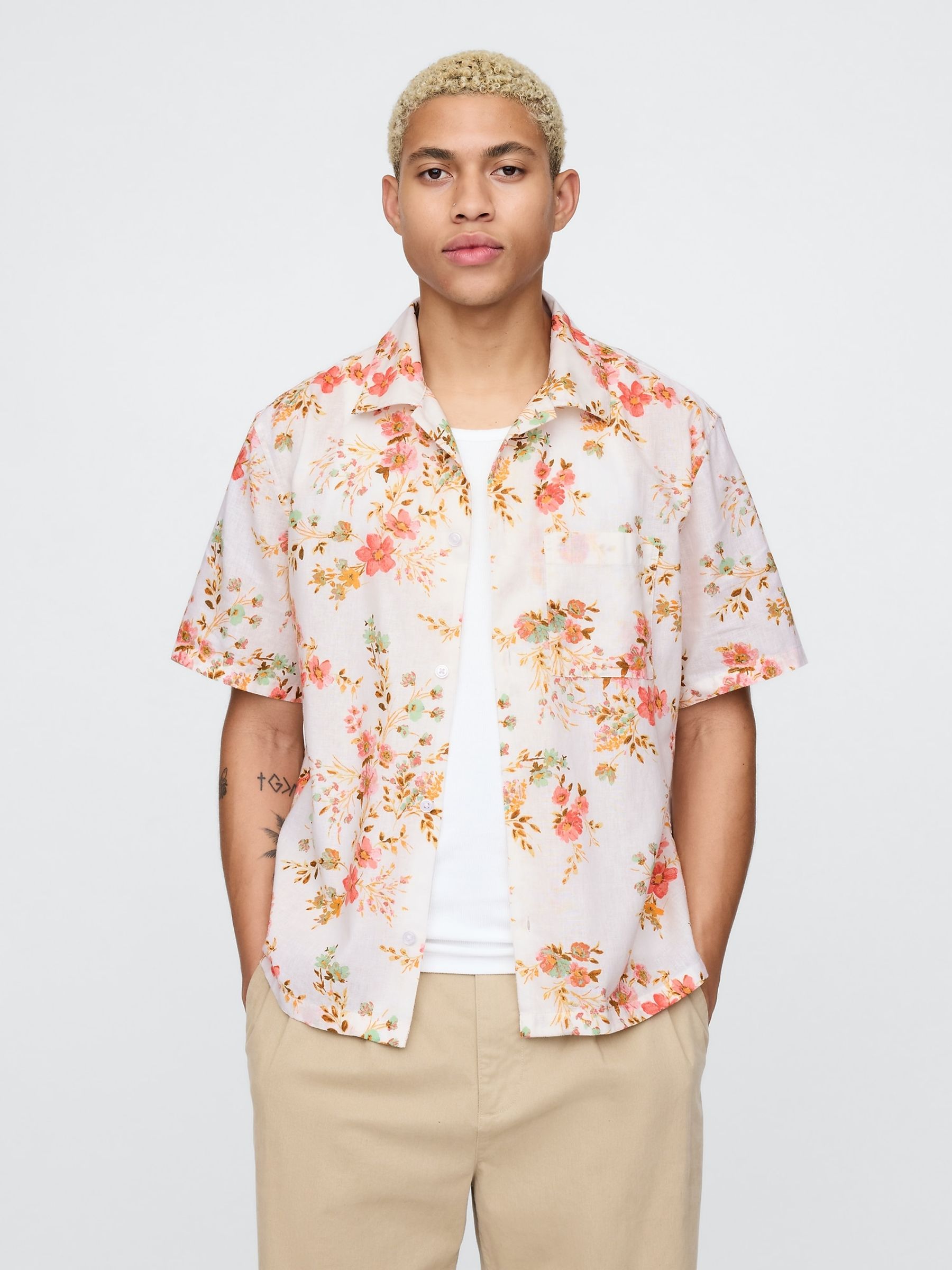 White Floral Linen-Cotton Short Sleeve Shirt - Image 1 of 5