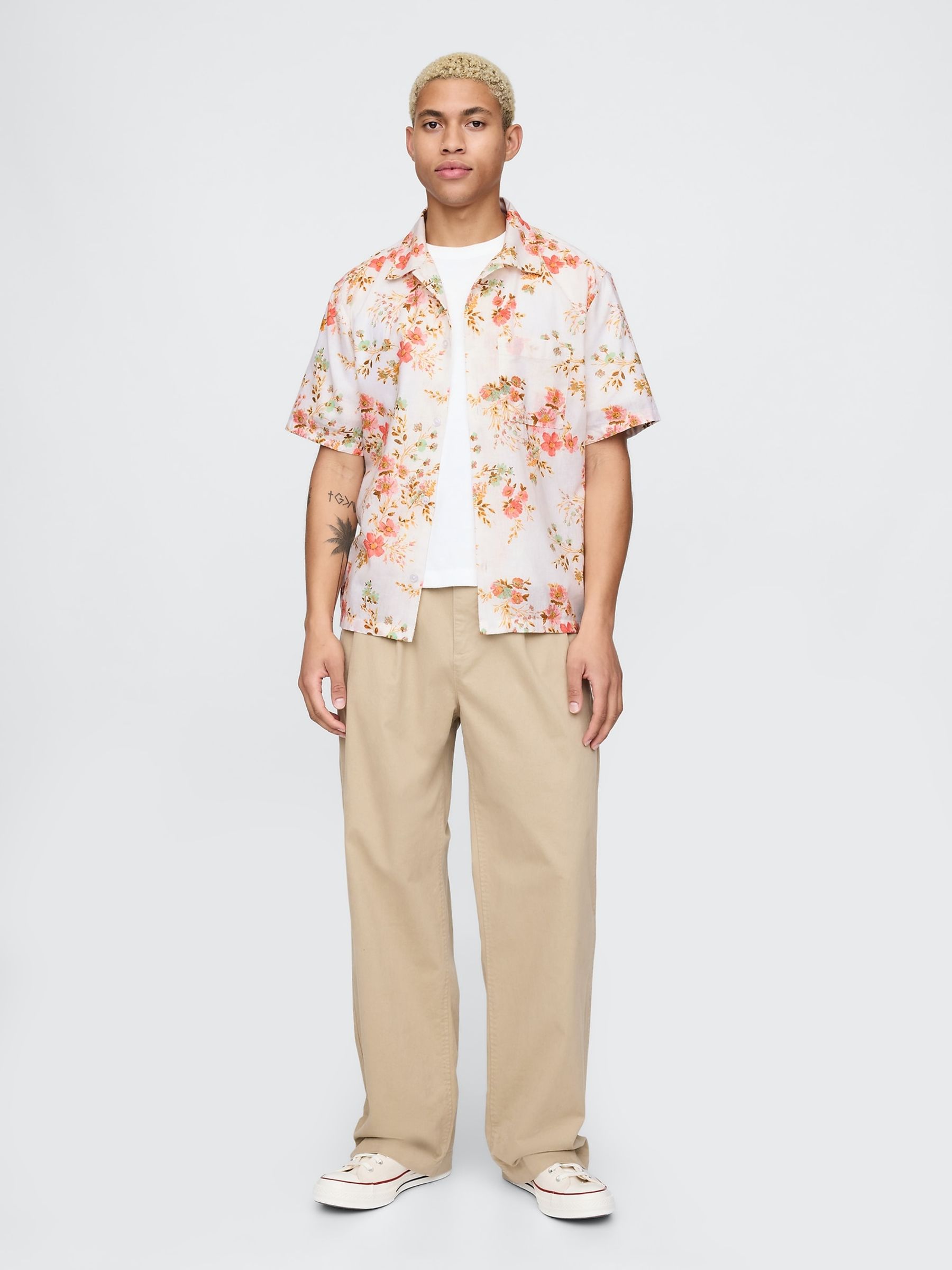 White Floral Linen-Cotton Short Sleeve Shirt - Image 3 of 5