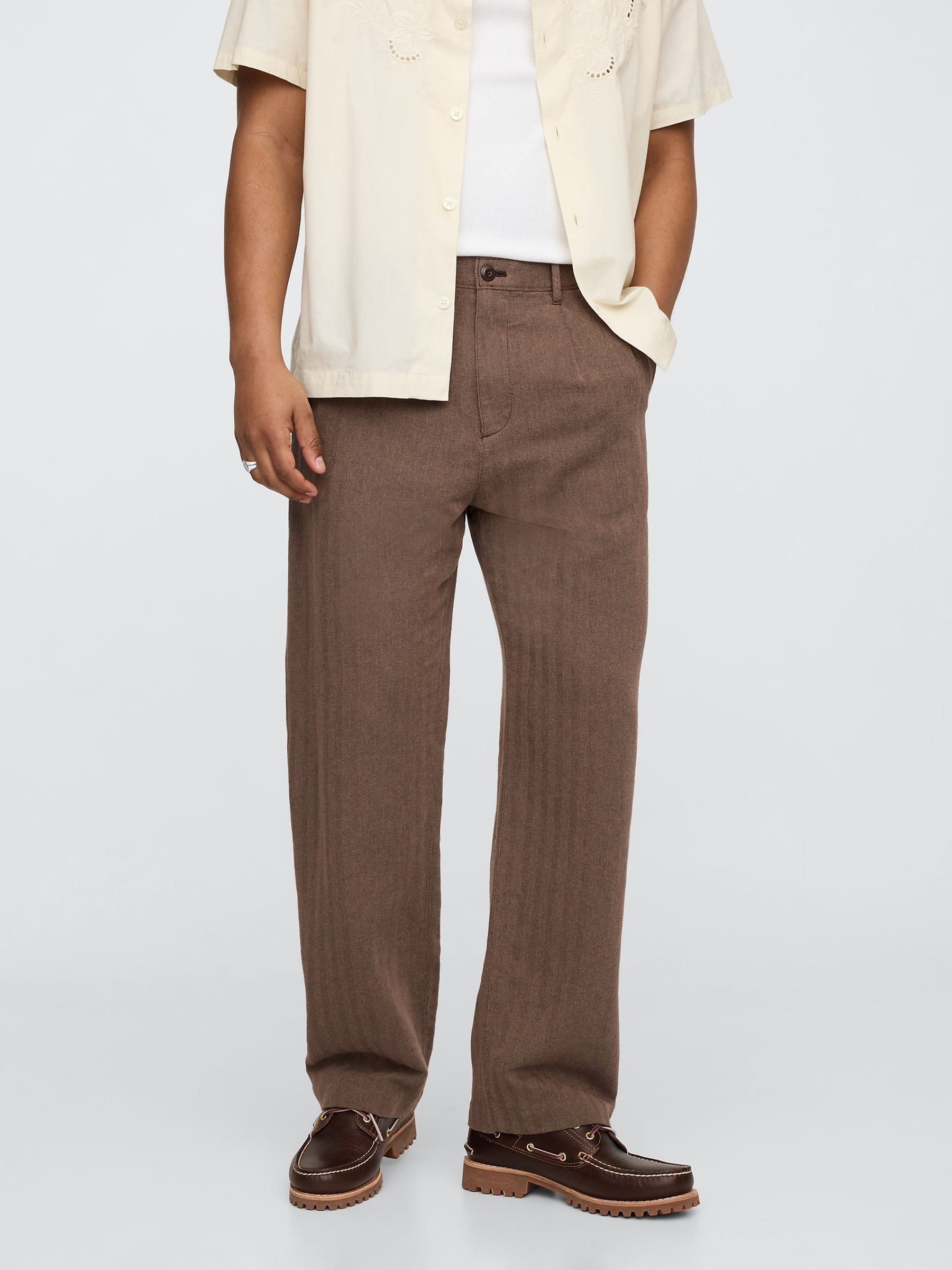 Brown Linen-Cotton 90s Loose Pleated Chinos - Image 1 of 5