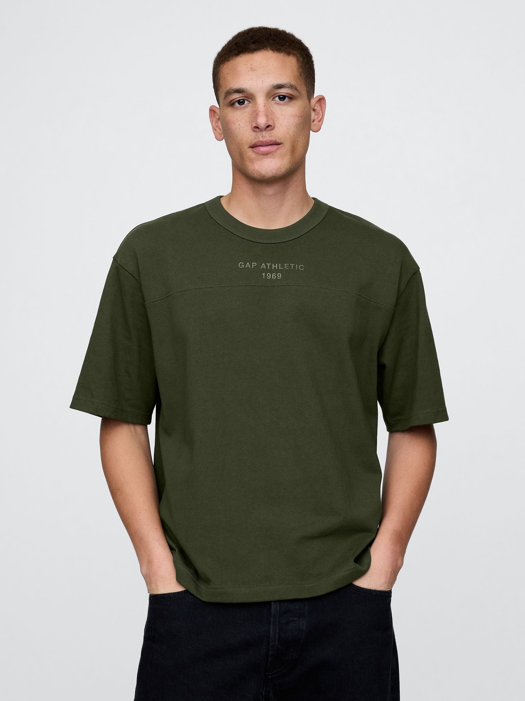 Khaki Green Oversized Athletic Logo T-Shirt - Image 1 of 5