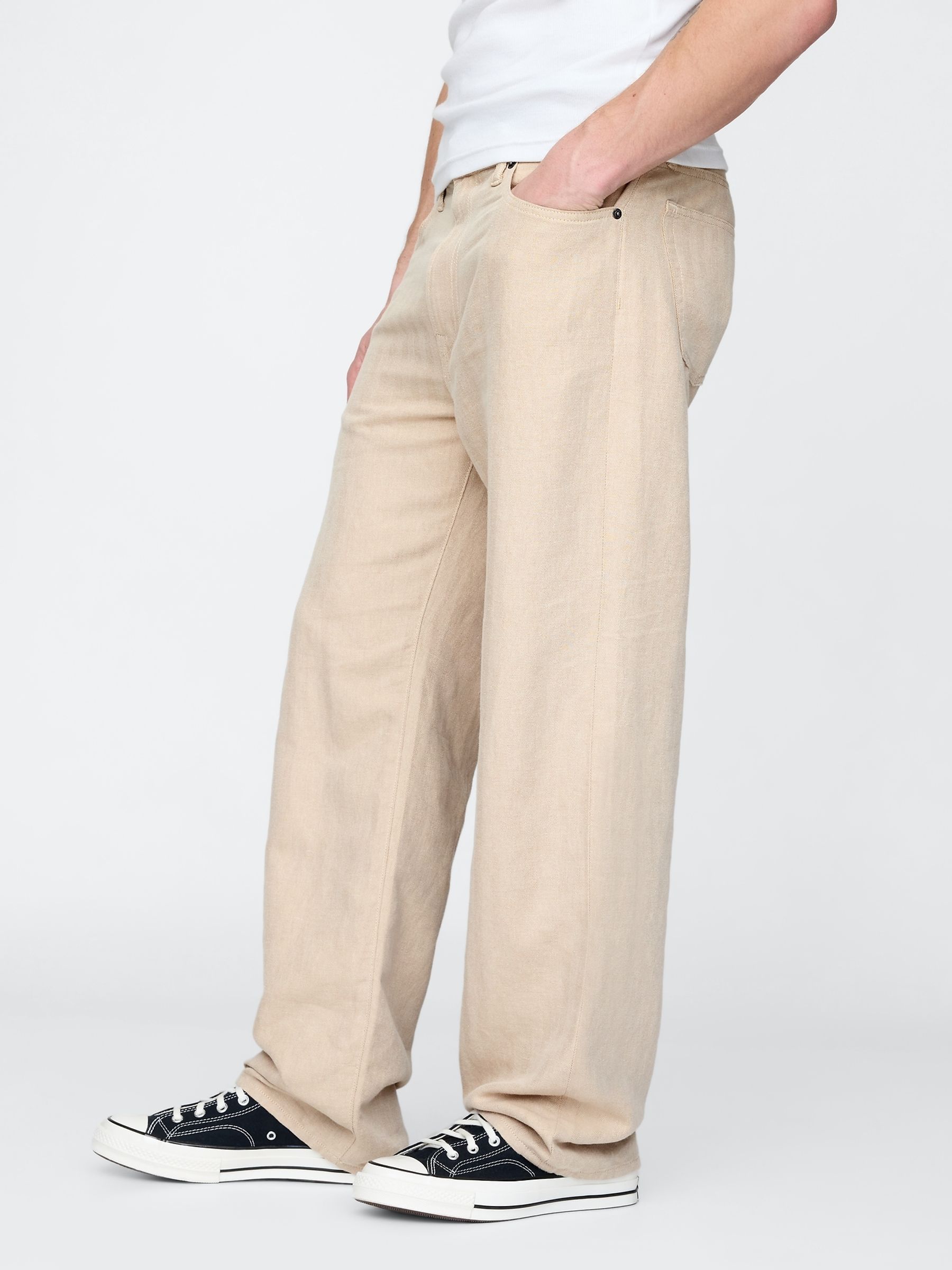 Beige Linen-Cotton 90s Loose Herringbone Trousers - Image 3 of 5