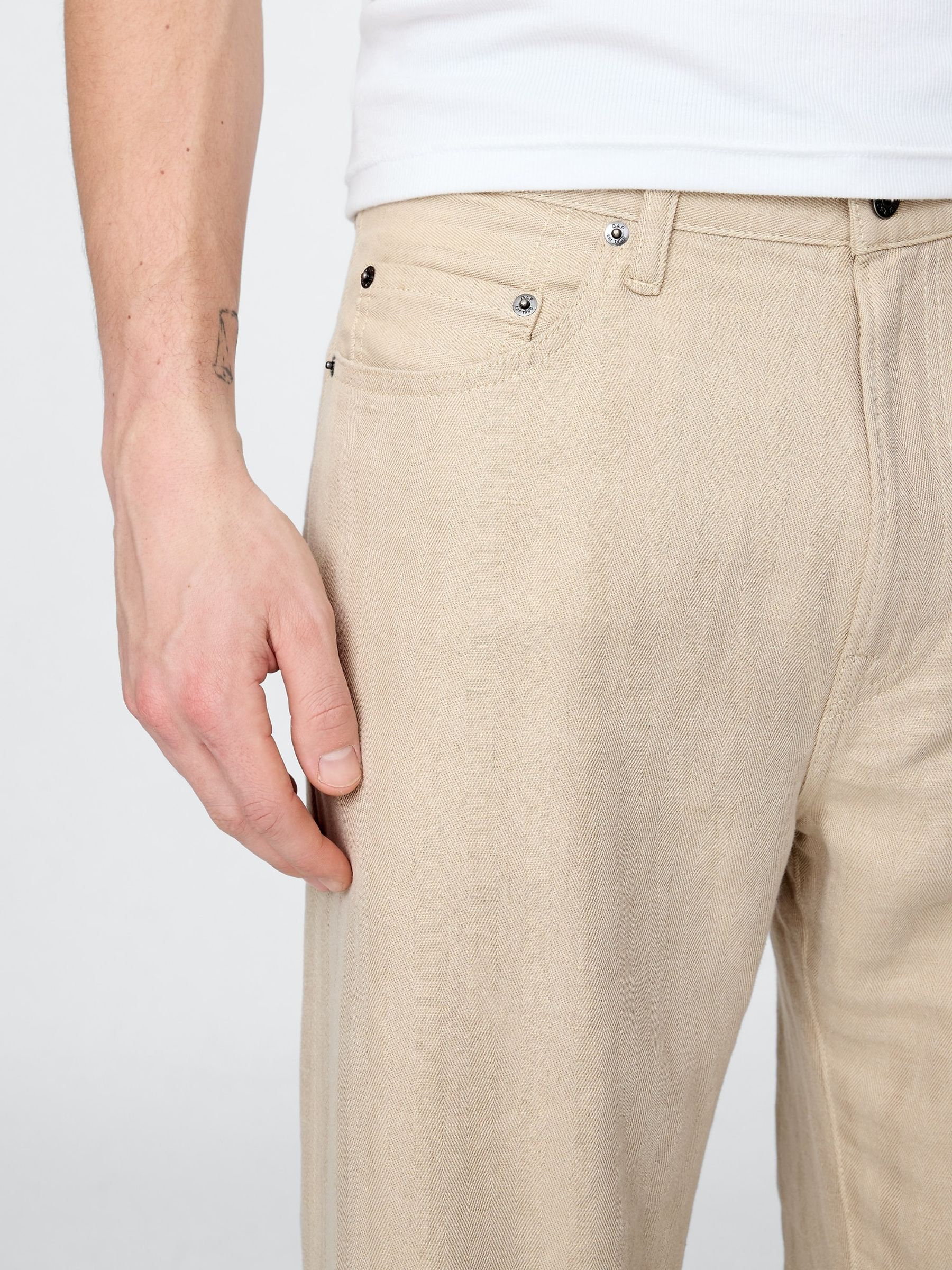 Beige Linen-Cotton 90s Loose Herringbone Trousers - Image 4 of 5