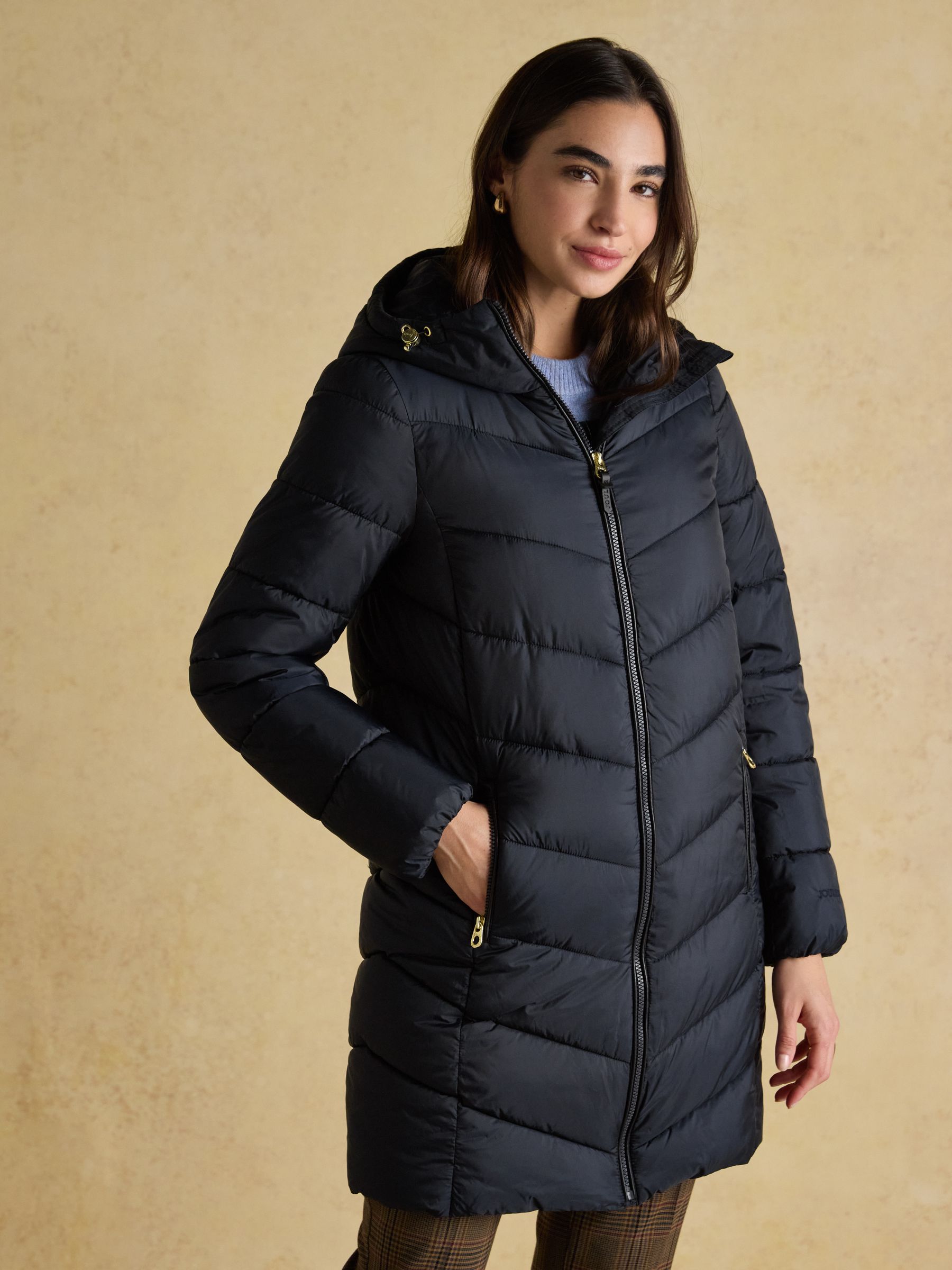 Moorsdale Navy Mid Length Showerproof Padded Coat with Hood | Joules