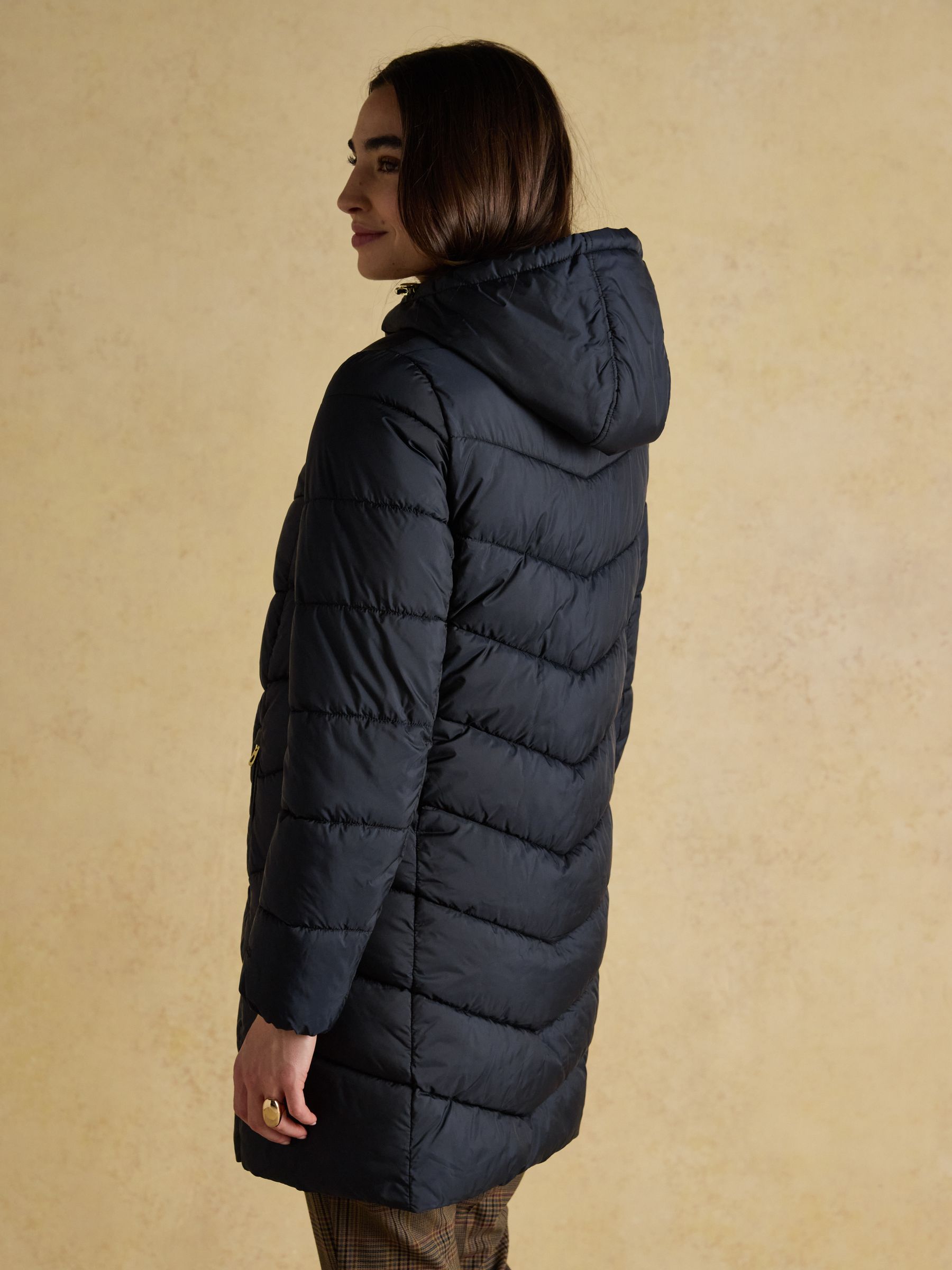 Moorsdale Navy Mid Length Showerproof Padded Coat with Hood | Joules