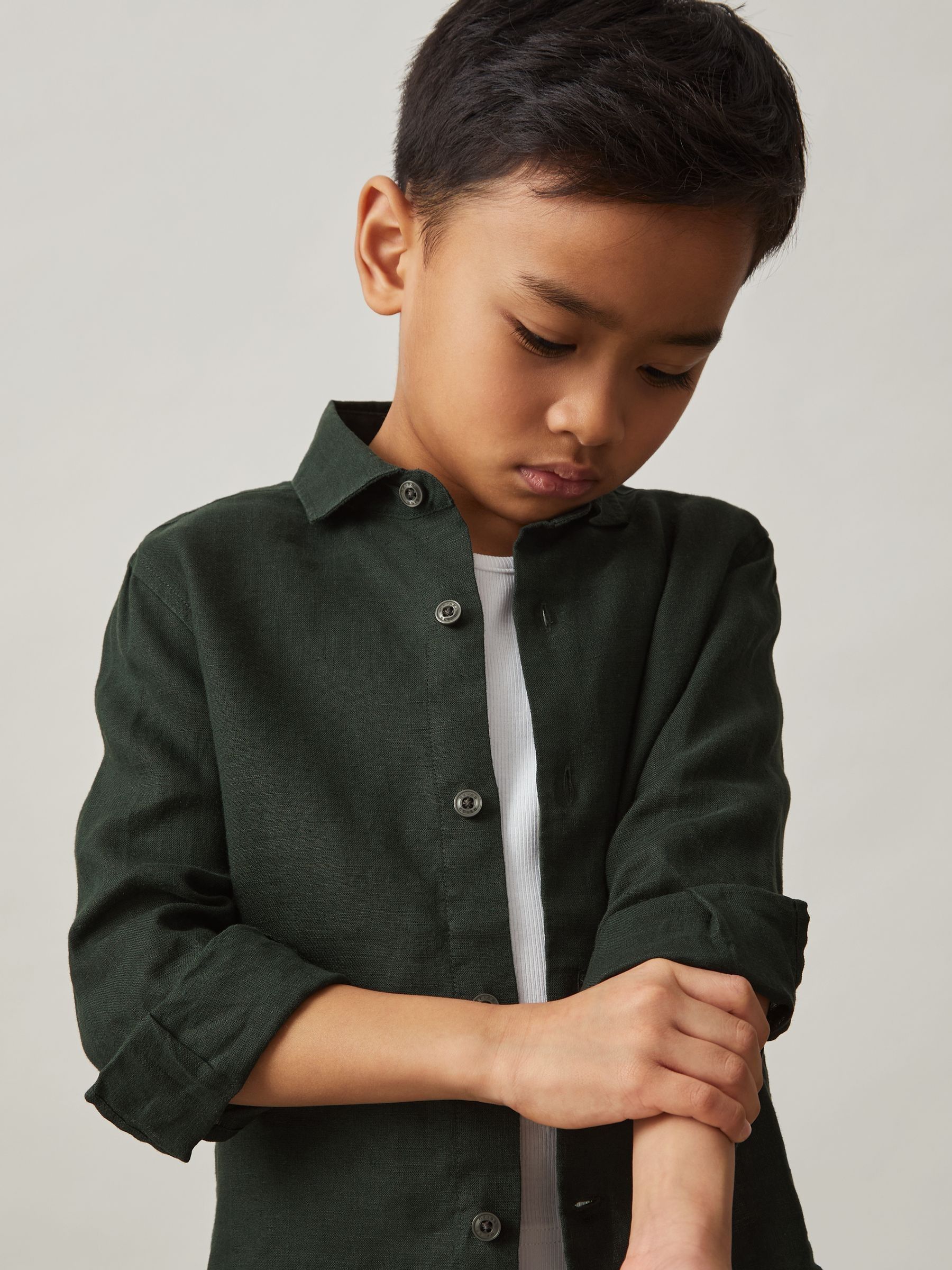 13-14 yrs Linen Cutaway Collar Shirt in Dark Green - Image 3 of 4