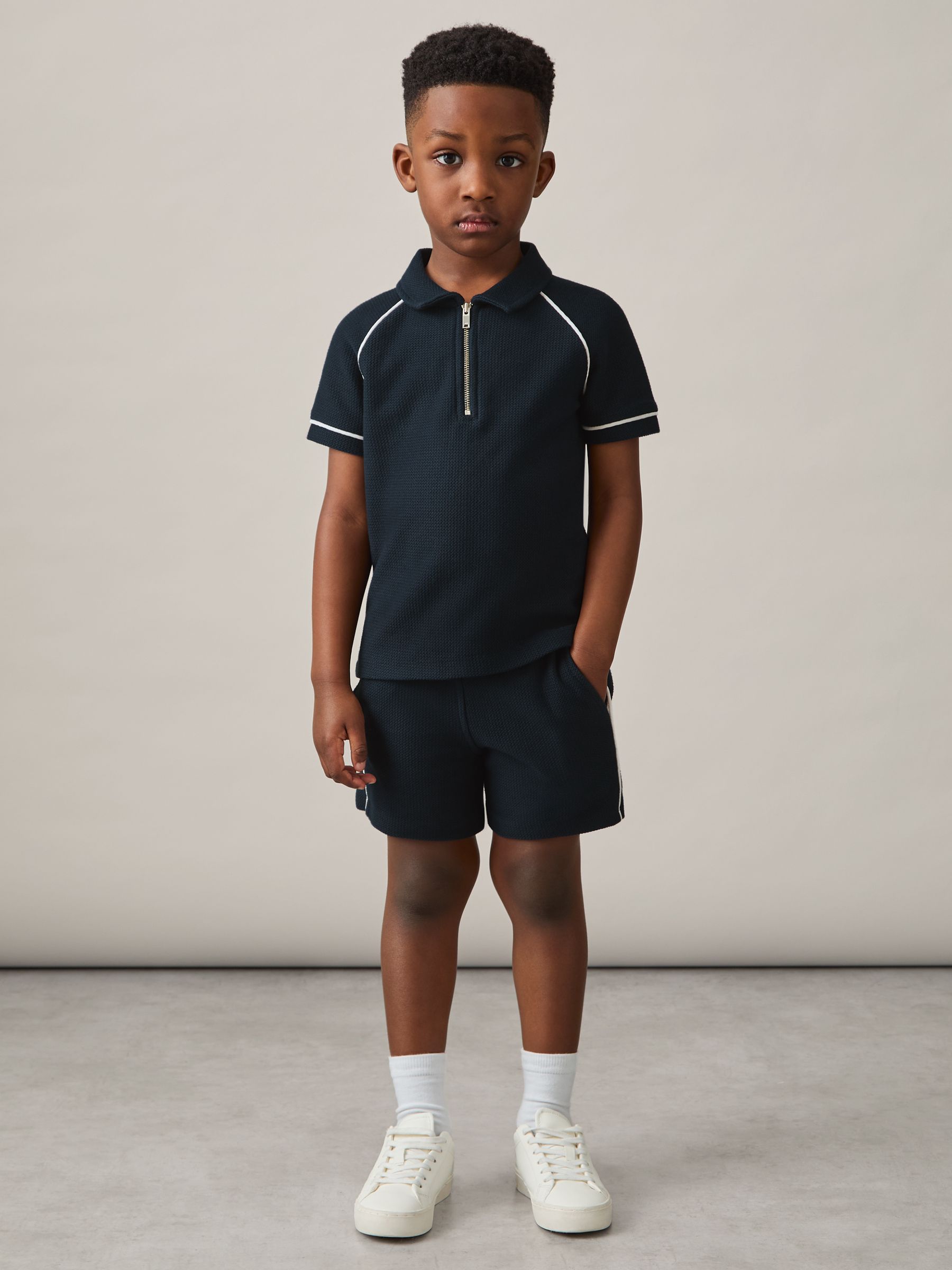 Cotton Textured Half-Zip Polo Shirt in Navy - Image 1 of 4