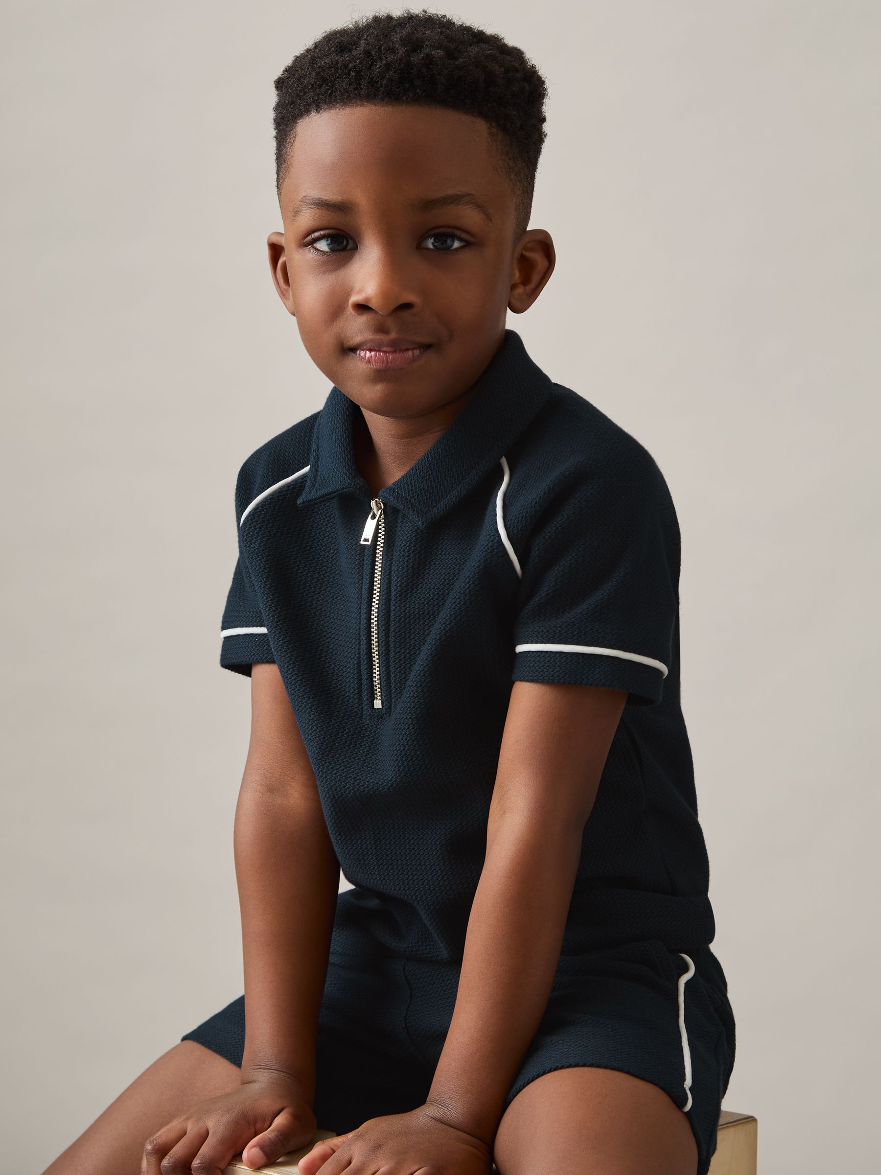 Cotton Textured Half-Zip Polo Shirt in Navy - Image 3 of 4