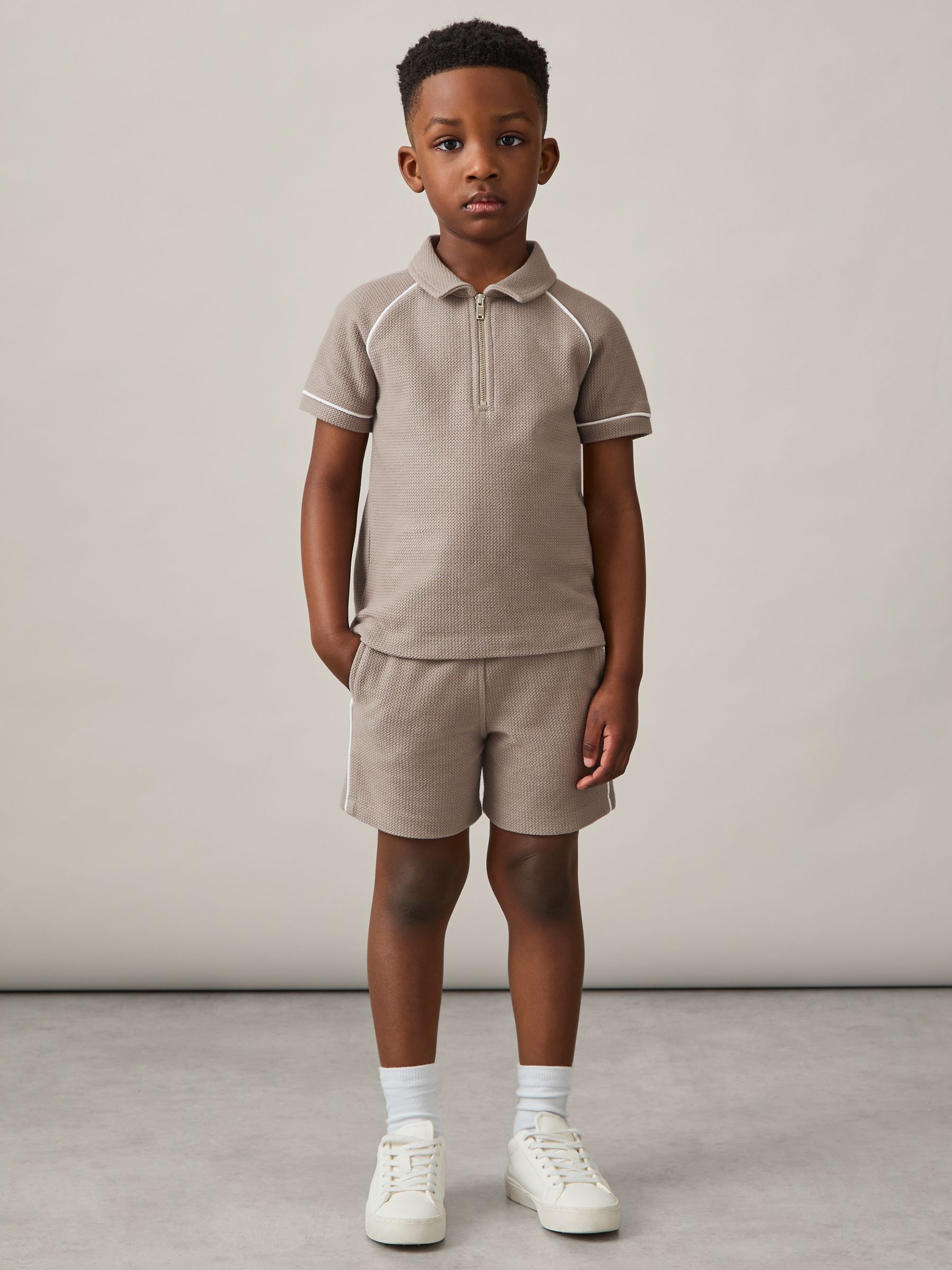 Cotton Textured Half-Zip Polo Shirt in Mink Brown - Image 3 of 4