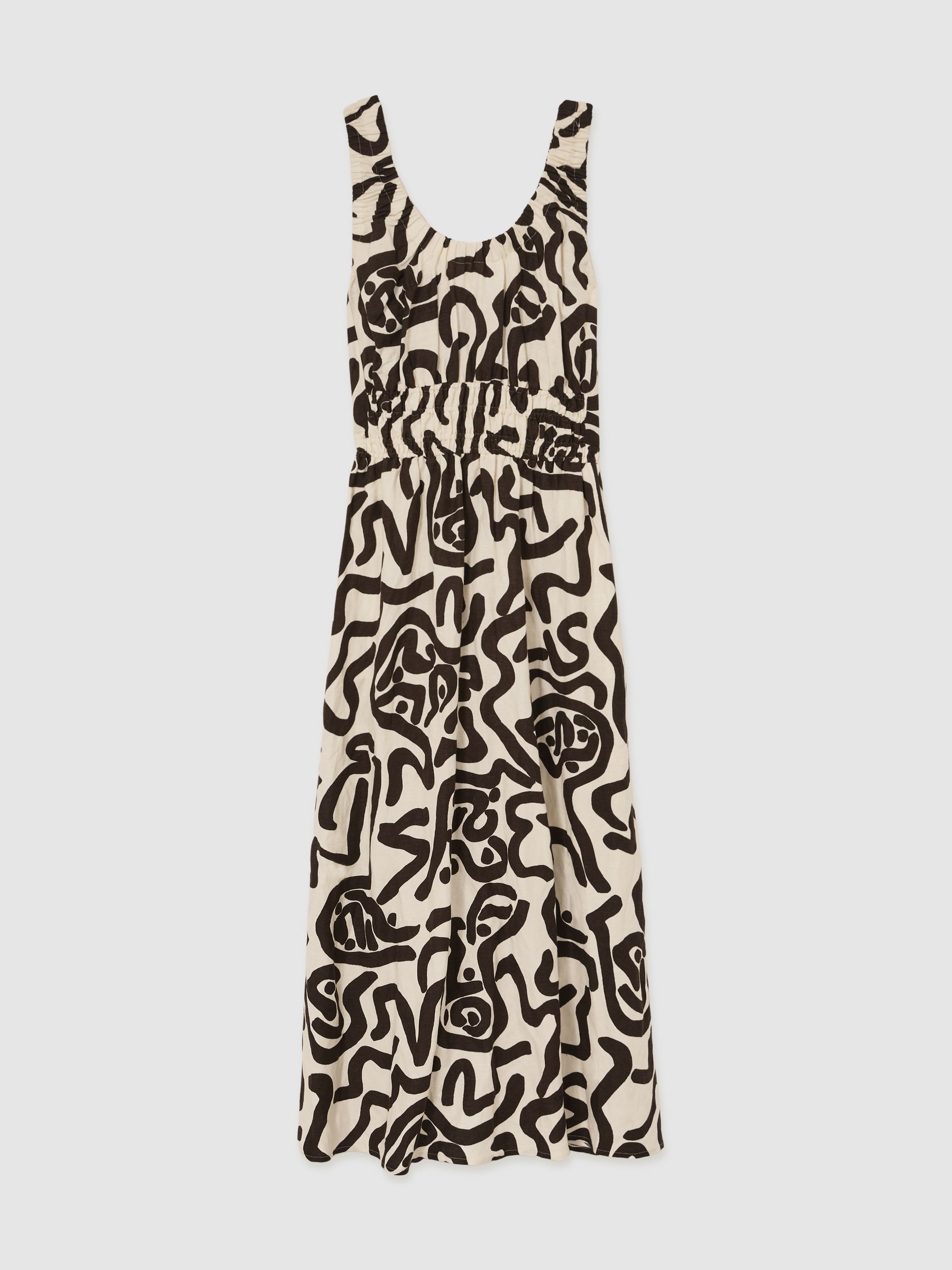 Linen-Blend Printed Shirred Midi Dress in Brown/Ivory - Image 2 of 5
